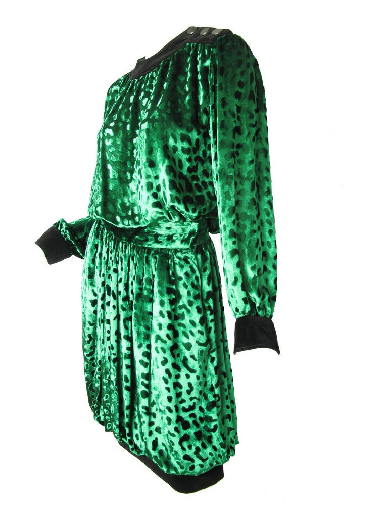 Yves Saint Laurent Rive Gauche green silk/ rayon and black velvet bubble skirt and top. Condition: Very good. Top: 44