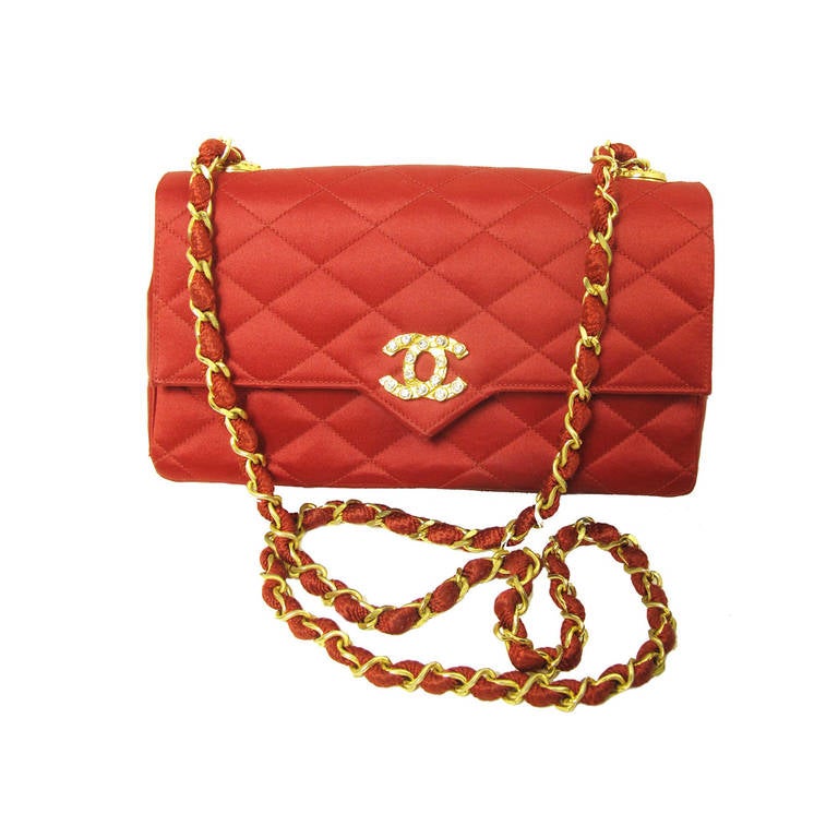 1980s Chanel red satin evening bag with rhinestone "CC"