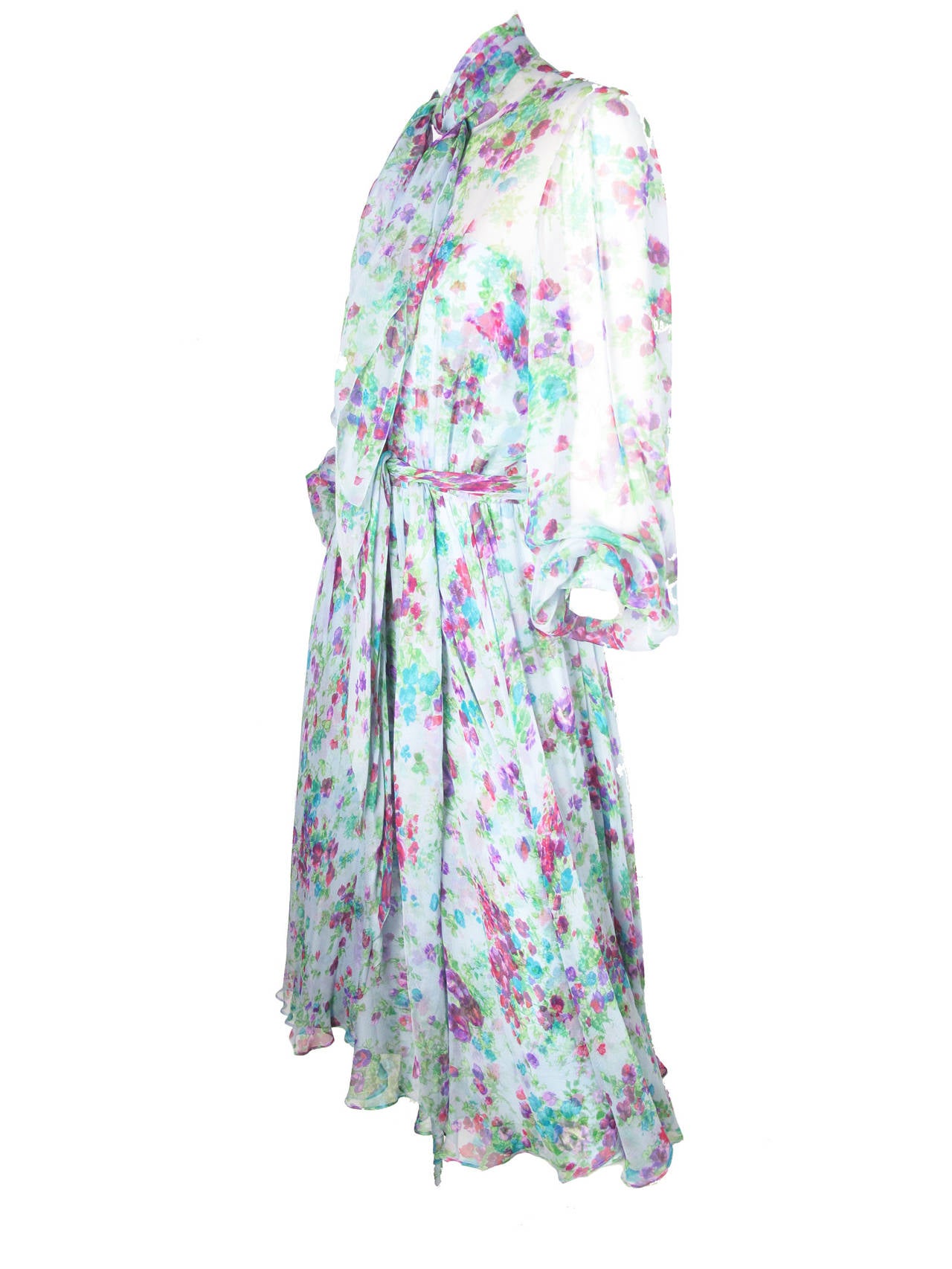 Alfred Bosand floral chiffon dress with neck scarf and belt.  Sheer sleeves and shoulders.
38