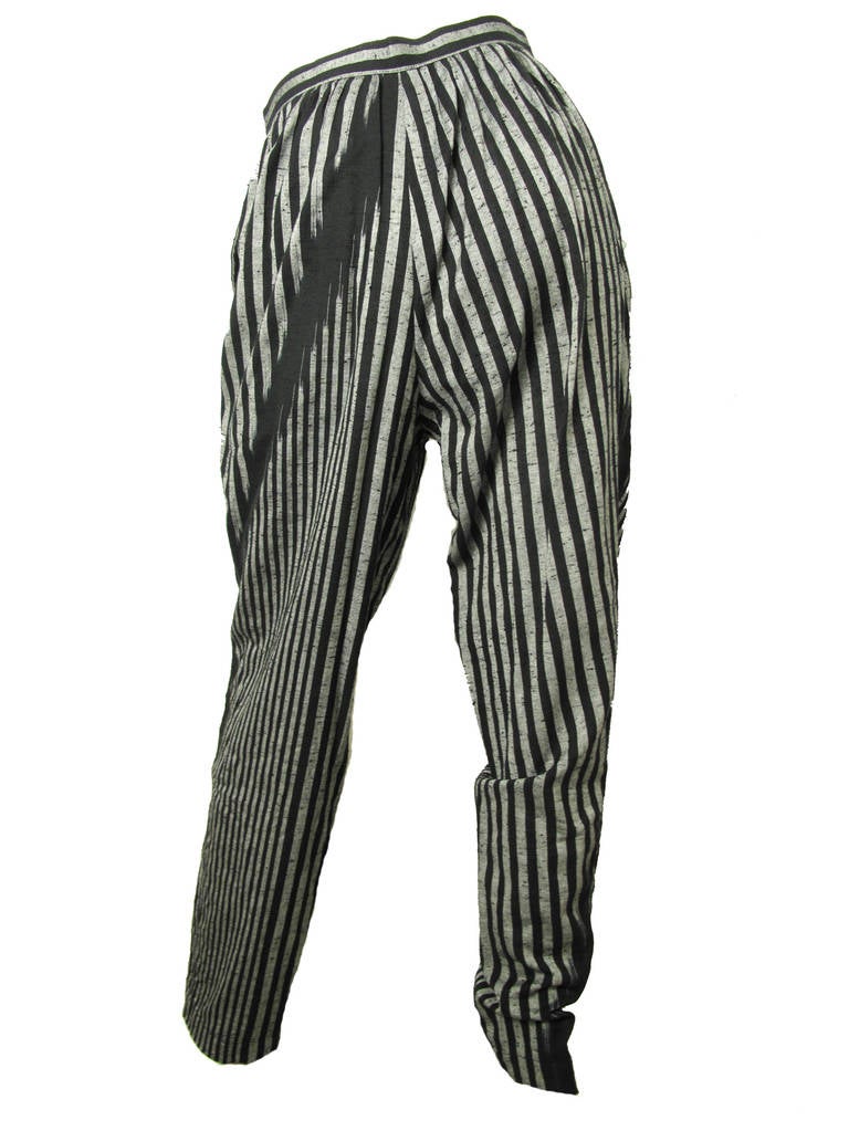 1980s Issey Miyake grey and black cotton striped pants with side pockets.  28