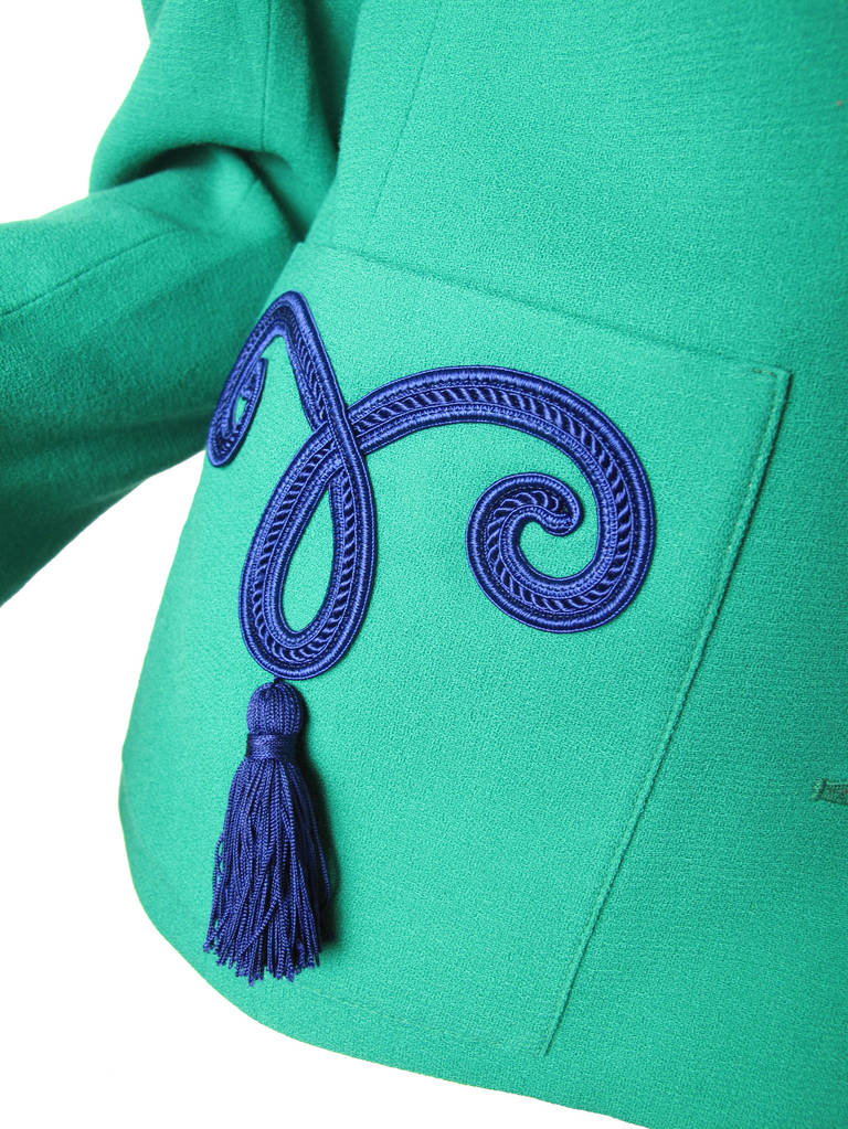 Yves Saint Laurent Encore teal and royal blue wool blazer with tassels. Plastic knot buttons. 41