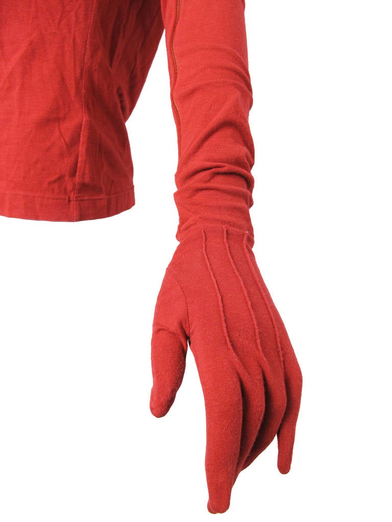 Jean Paul Gaultier cotton/lyra glove top. Zippers on sleeves to take hands out.  35