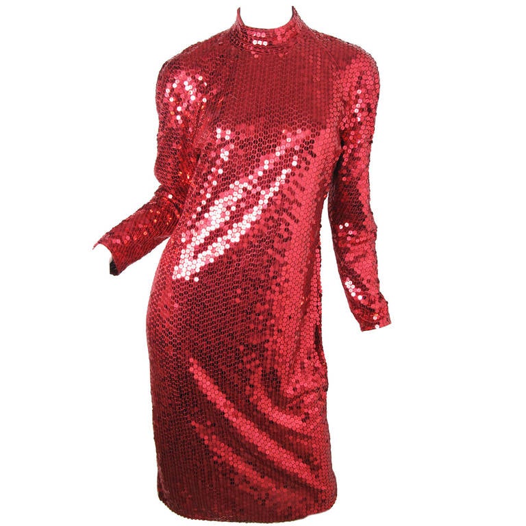 Oleg Cassini 1980s Red Sequin Evening Dress