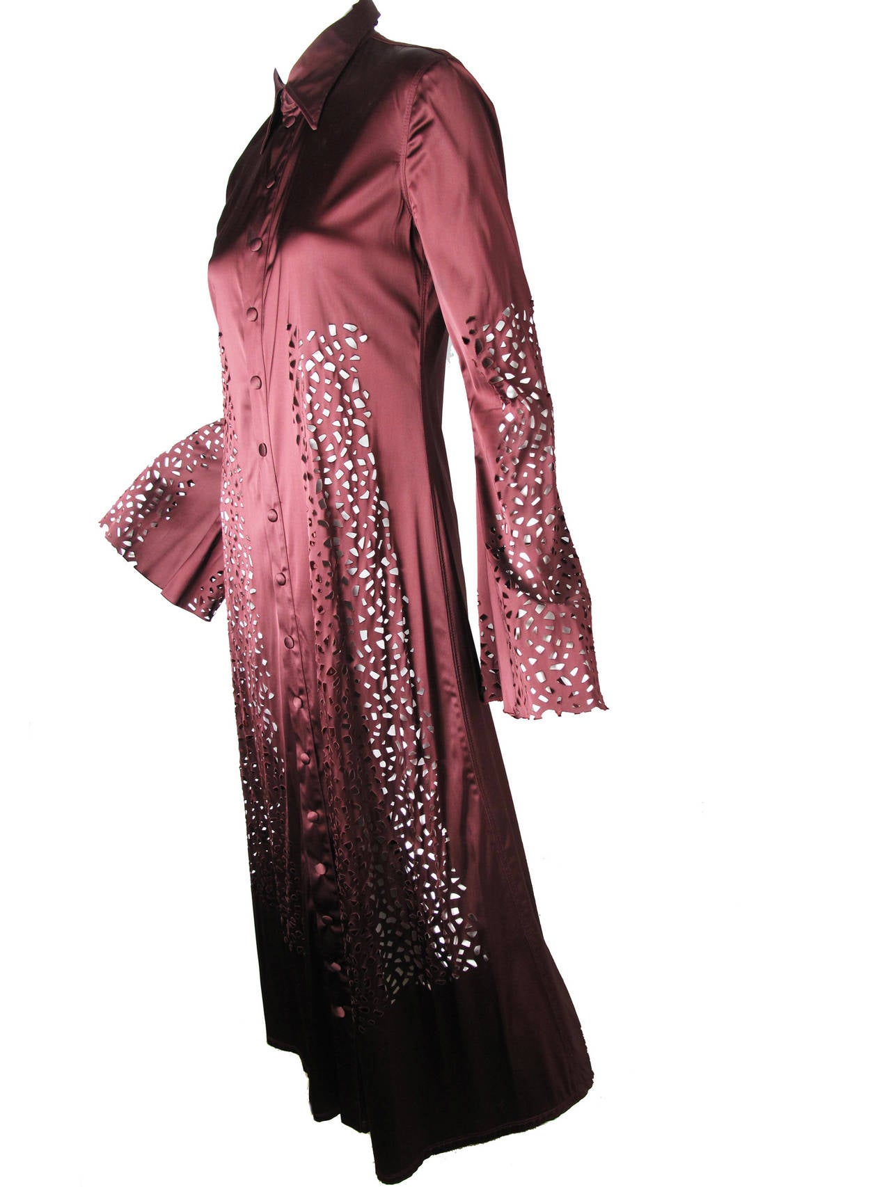 Jean Paul Gaultier maroon laser cut rayon, spandex dress. Buttons down front. 36