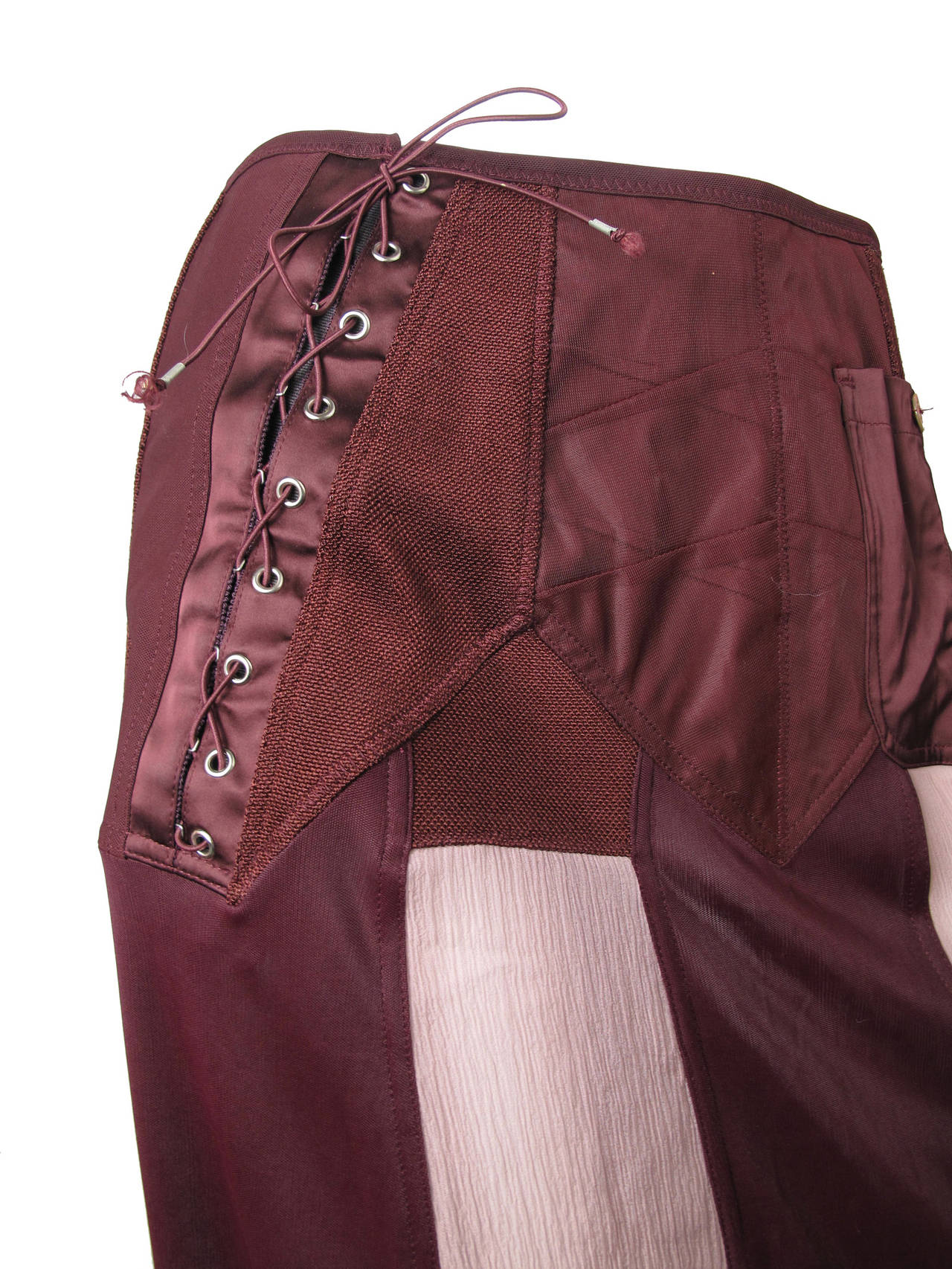 Jean Paul Gaultier maroon and pink sheer silk chiffon skirt with patchwork fabric, lacing, pocket and zipper on waist.  27