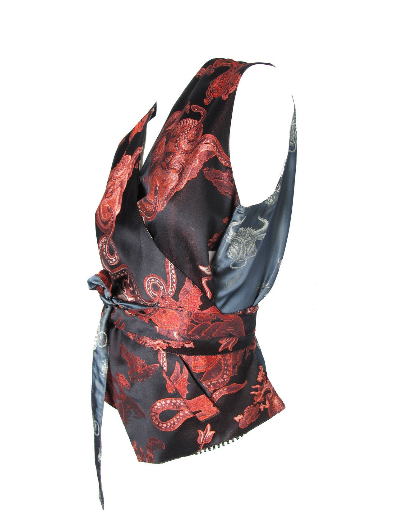 Jean Paul Gaultier silk multi- print kimono style wrap vest.  Black and white striped lining. 34