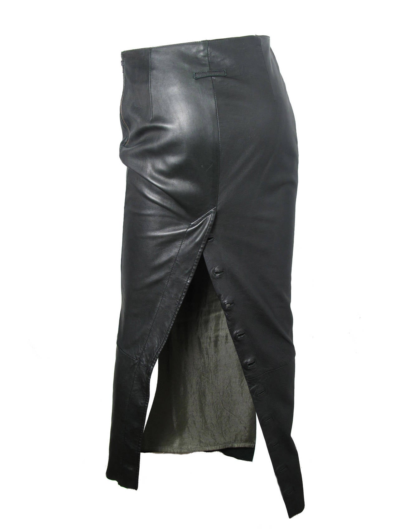 Jean Paul Gaultier black leather ankle length skirt with buttons up back. Soft leather. 30