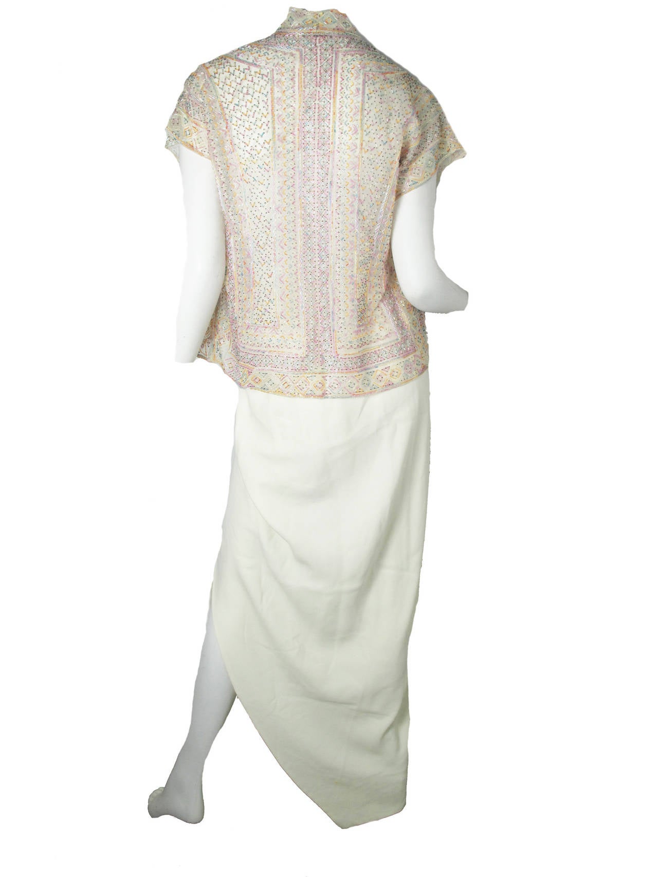 Late 70s - Early 80s Halston Sheer Bugle Beaded Top & Skirt with Side Slit.  Wrap Jersey Skirt : 25