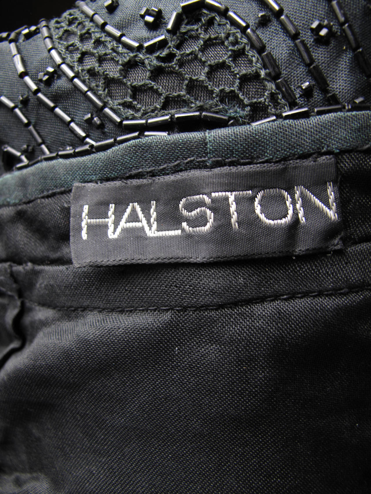 Rare Late 70s - early 80s Halston Beaded & Crochet Jacket. Condition: Very good. 
41" bust, 42" waist, 18.5" sleeve, 16"shoulder, 40" length.  Size 6