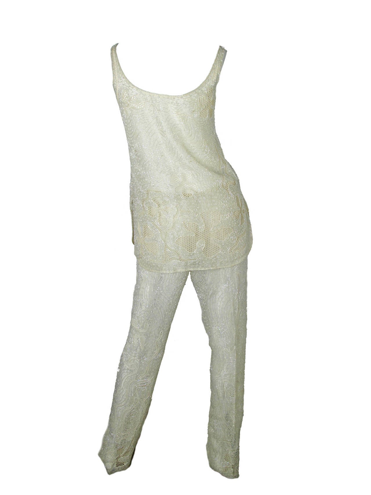 Rare Late 70s - Early 80s Halston Sheer Beaded Crochet Pants & Top