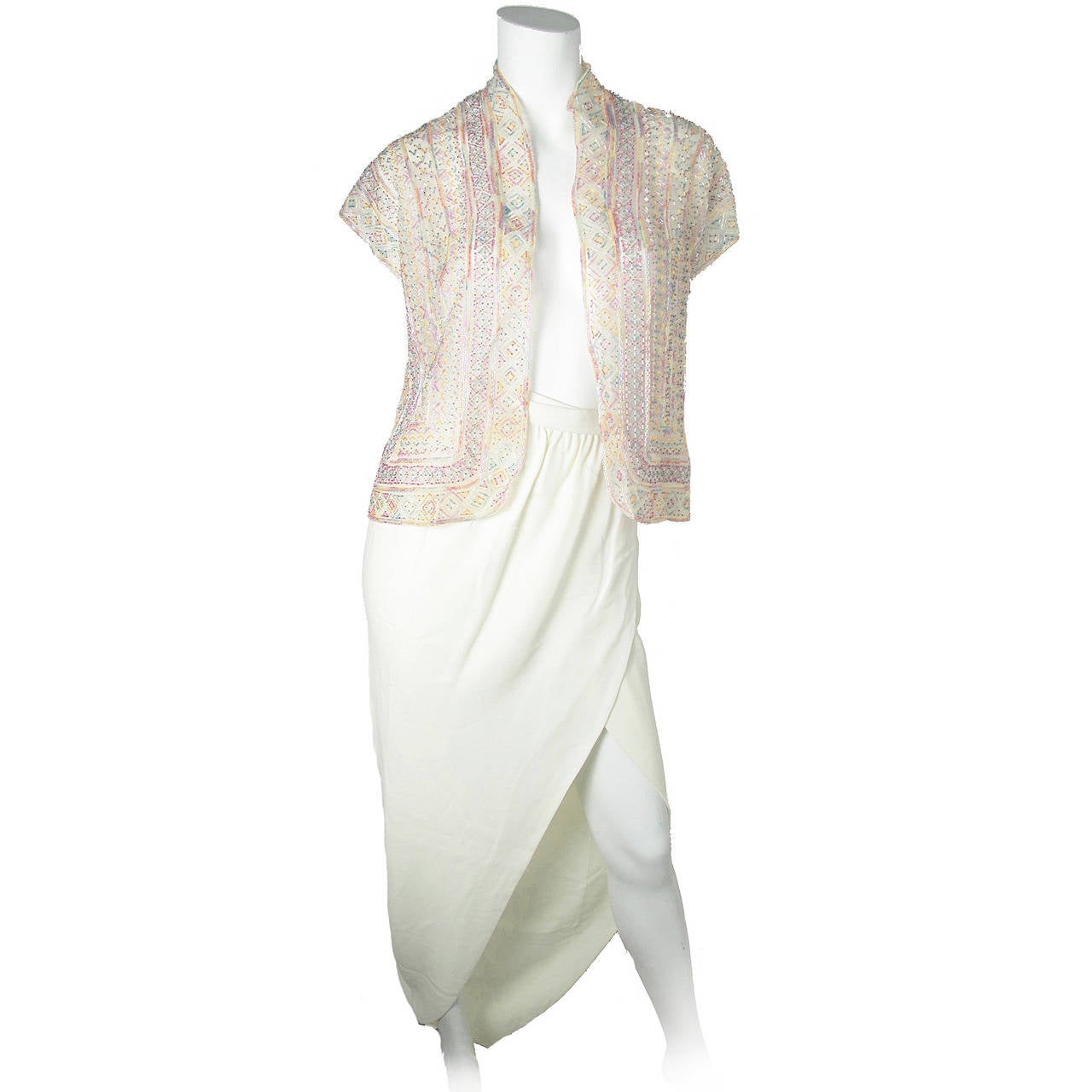Late 70s - Early 80s Halston Sheer Beaded Jacket & Skirt with Side Slit