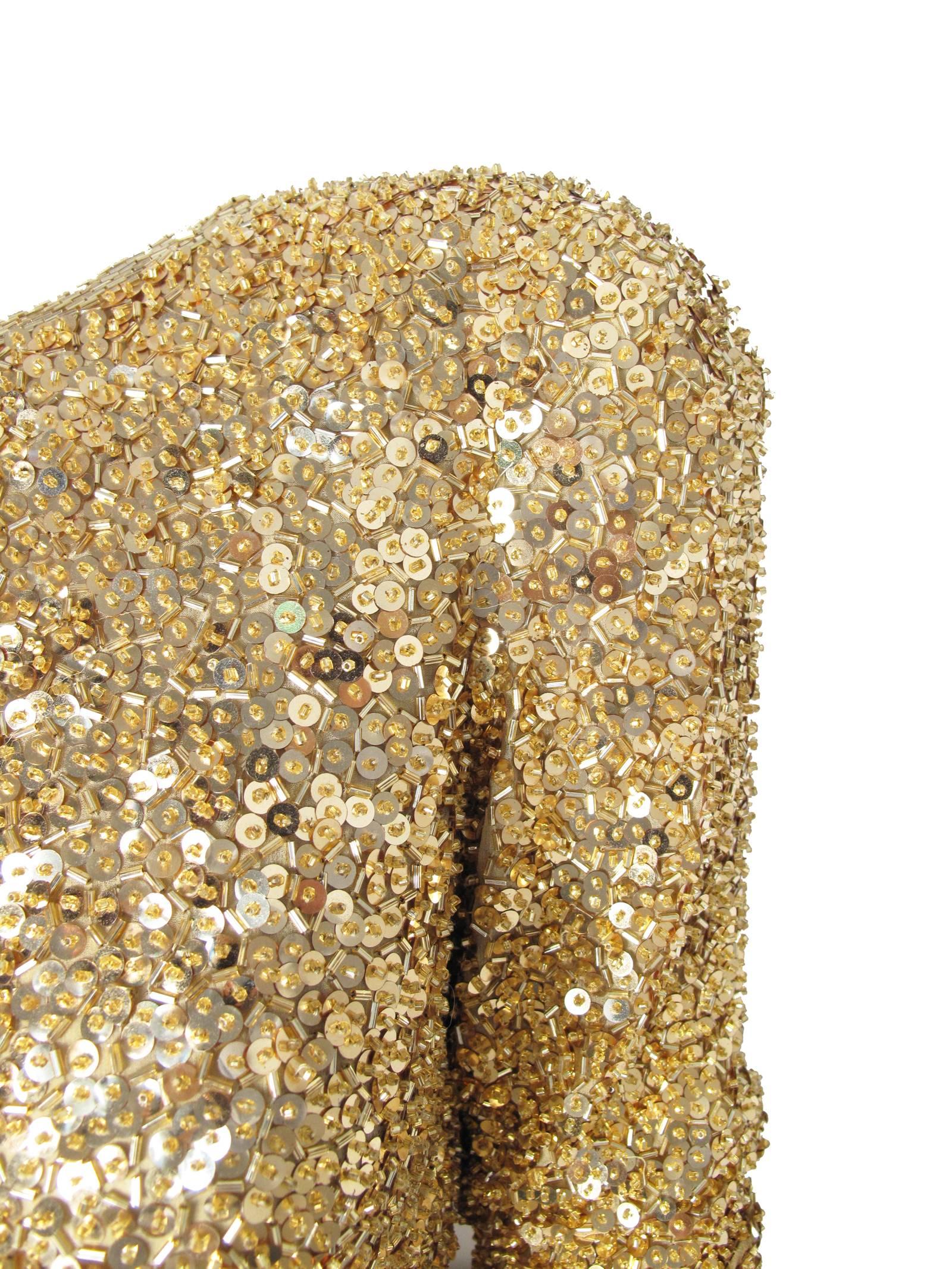1980s Lillie Rubin Gold Sequin and Beaded Evening Gown 1
