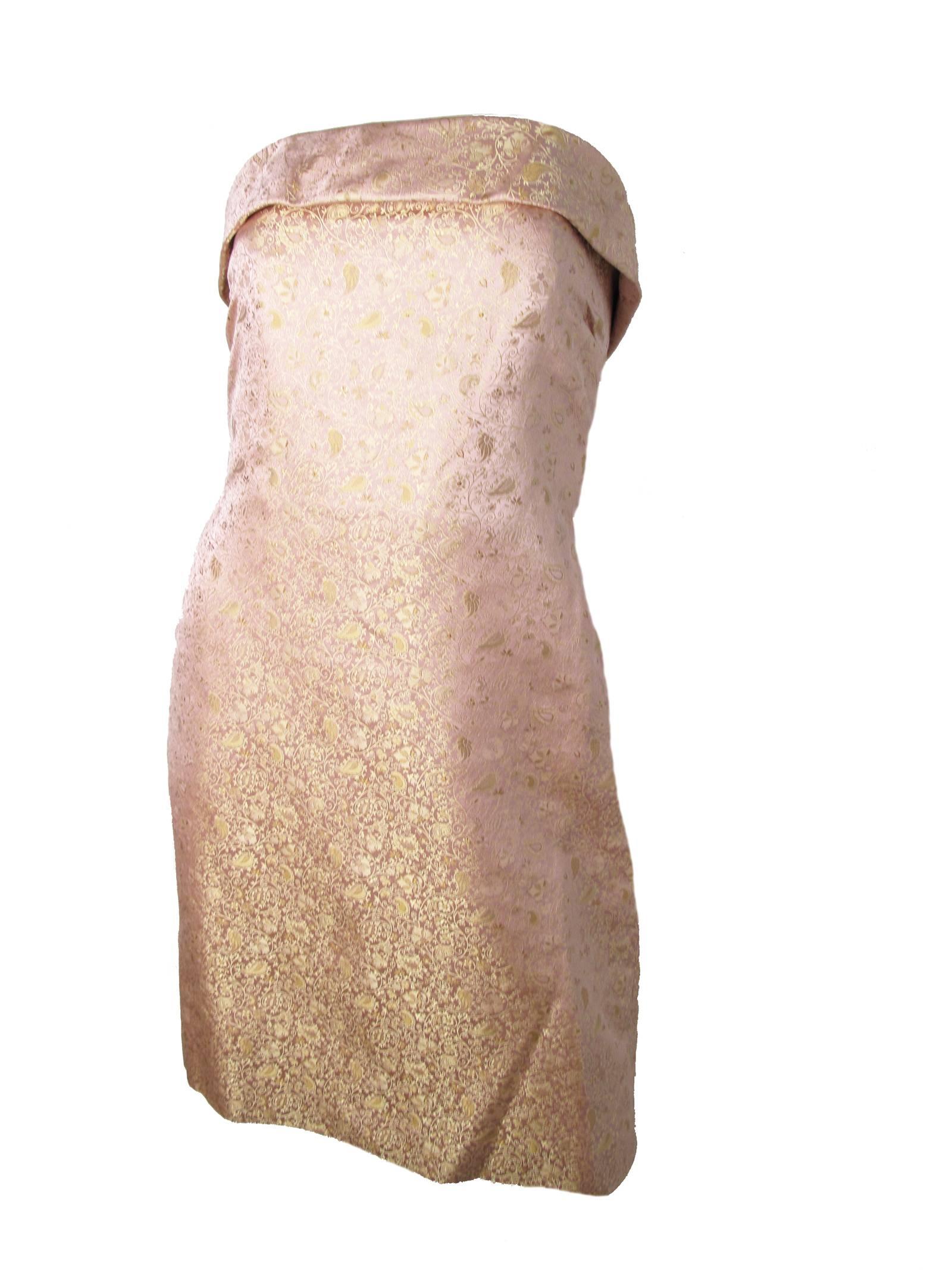 Pamella Roland pink gold paisley printed silk strapless dress with large wrap.  Condition: Excellent.  Size 8
Dress: 32