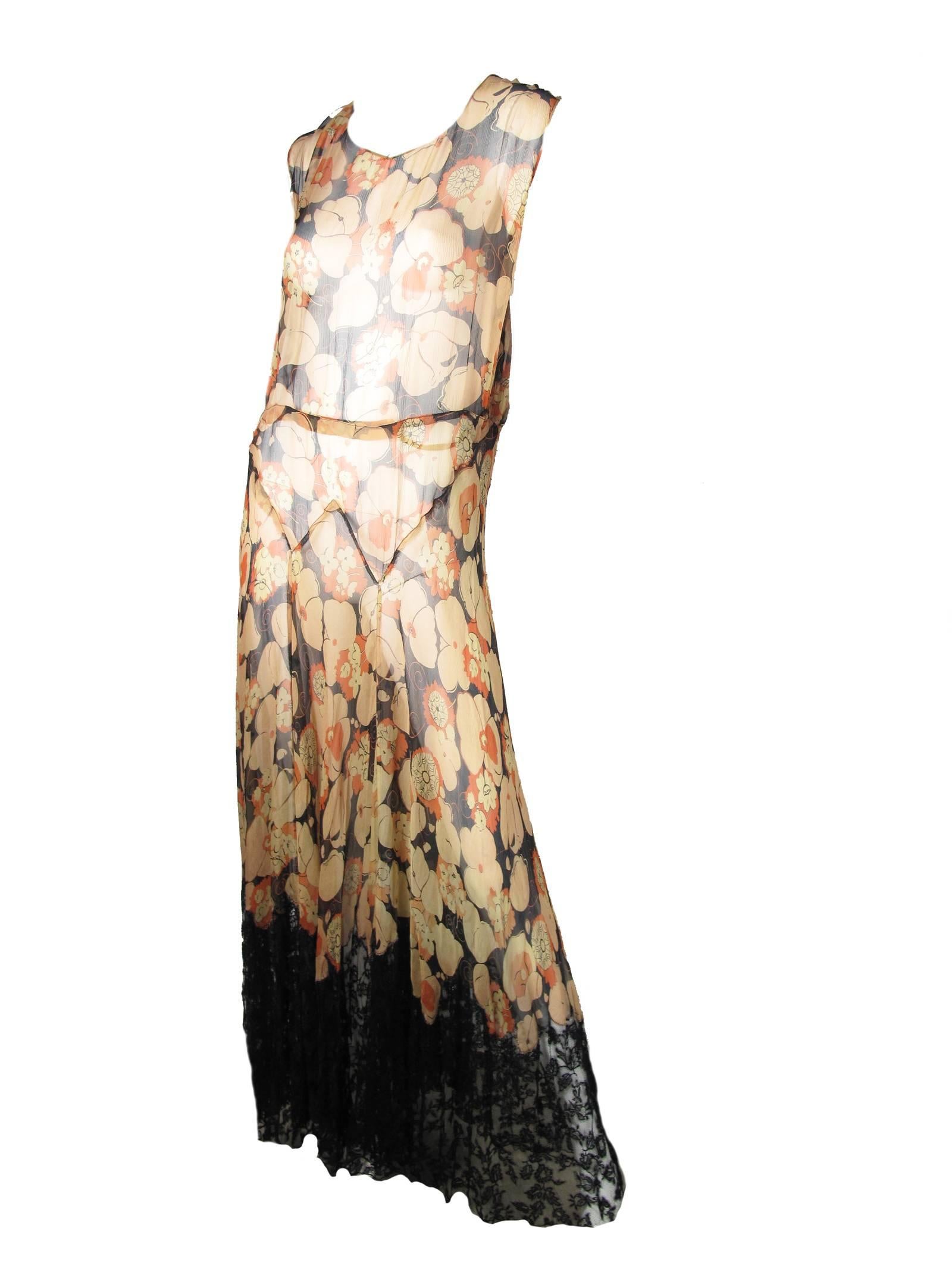 1920s - 30s sheer chiffon floral gown with jacket and lace trim.  Condition: AS IS, some seams of jacket and dress have come undone and some seams have been repaired by hand. Fabric is very fragile

Jacket: 44