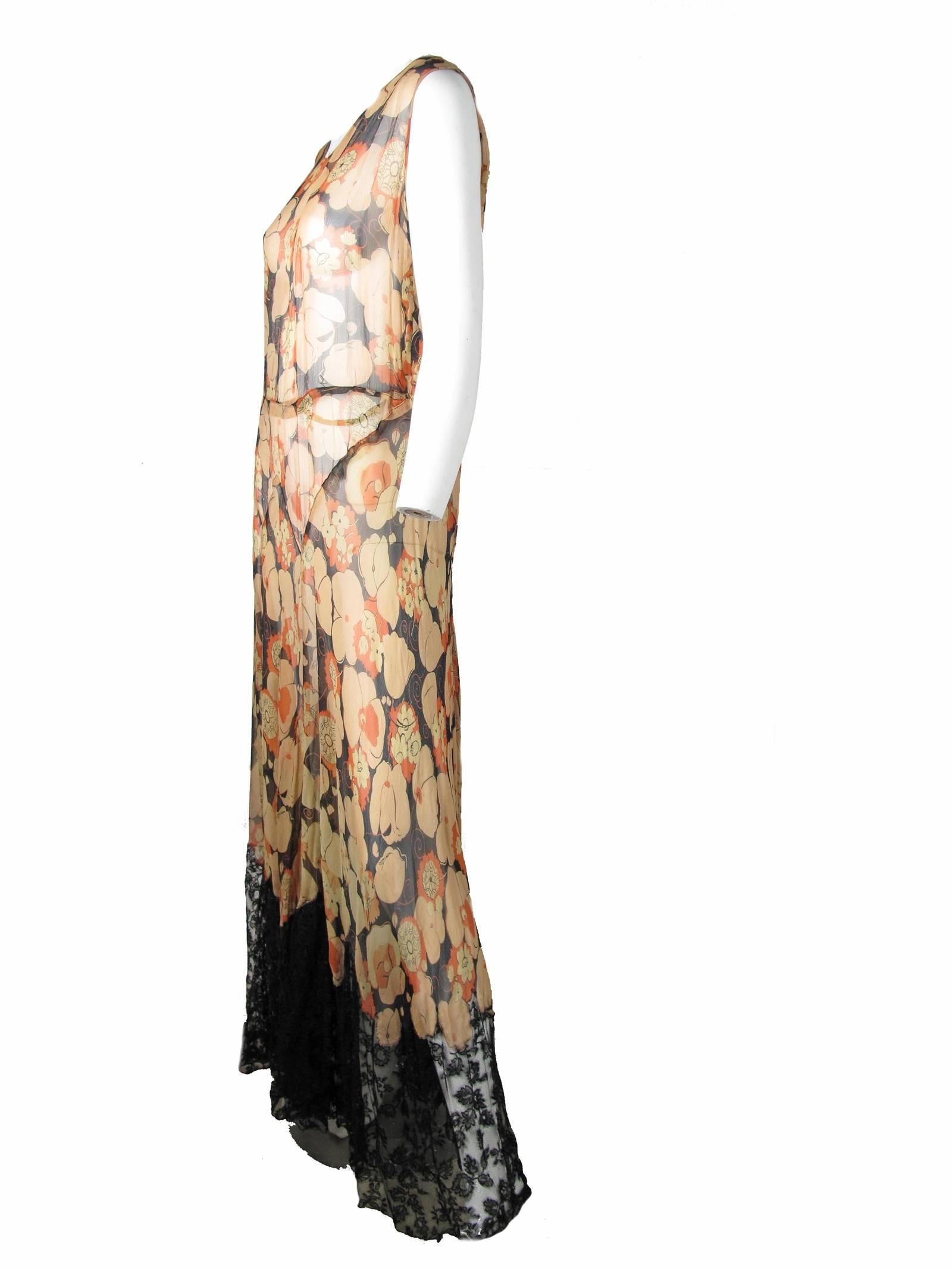 Brown Sheer Chiffon Floral Gown and Jacket with Lace, 1920s - 30s  