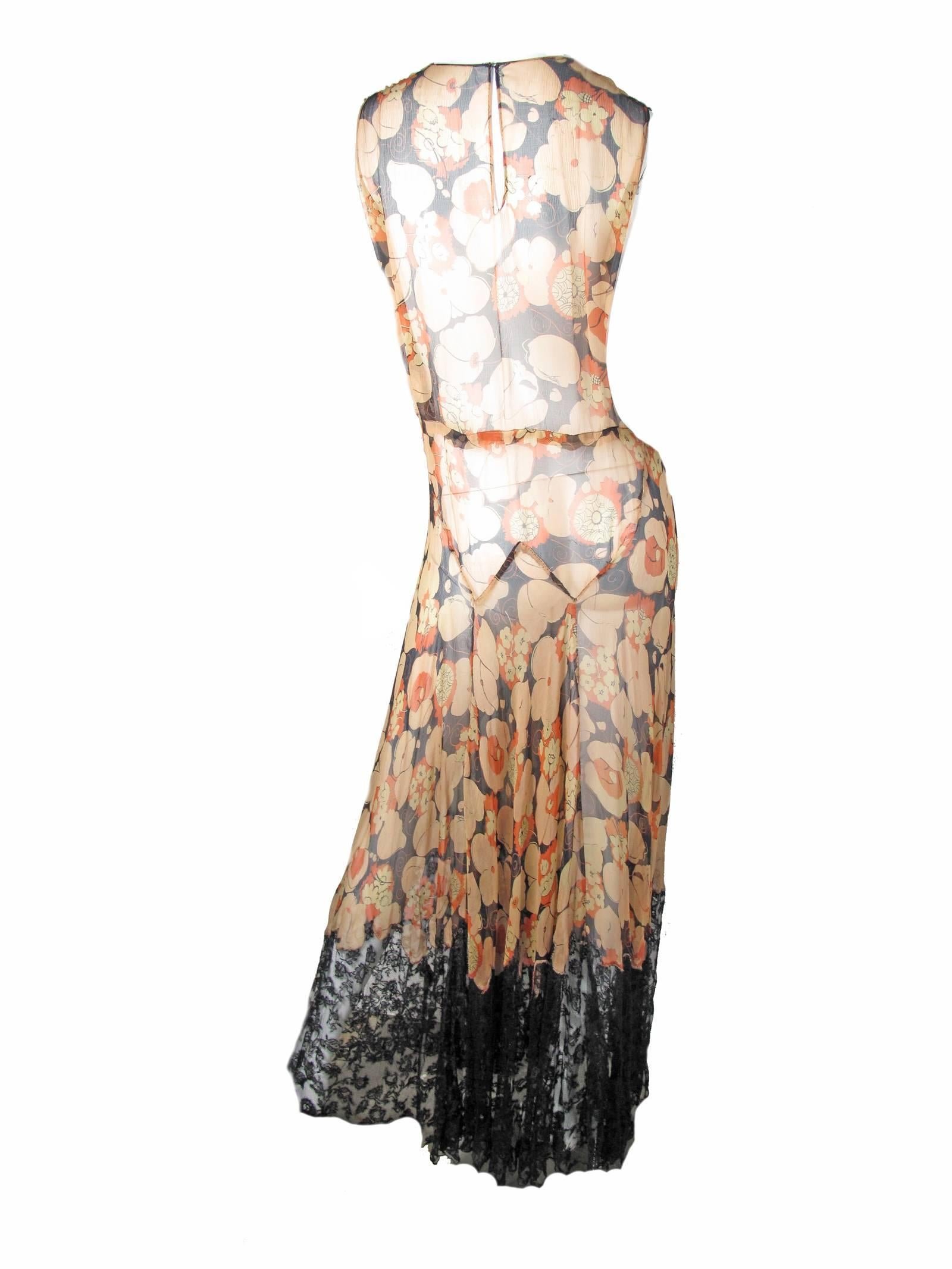 Sheer Chiffon Floral Gown and Jacket with Lace, 1920s - 30s   In Fair Condition In Austin, TX