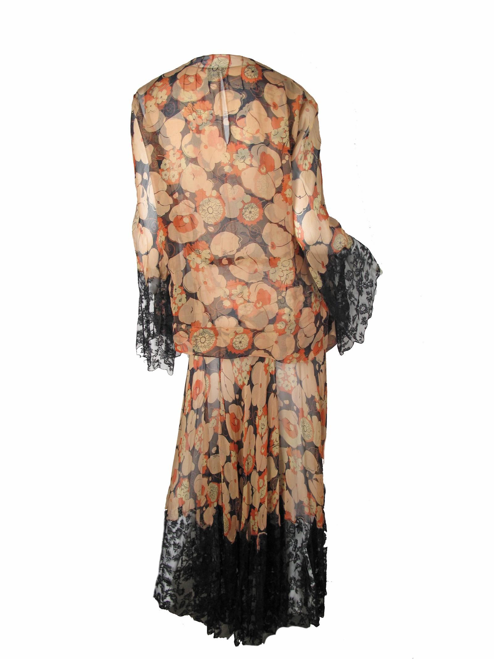 Women's Sheer Chiffon Floral Gown and Jacket with Lace, 1920s - 30s  