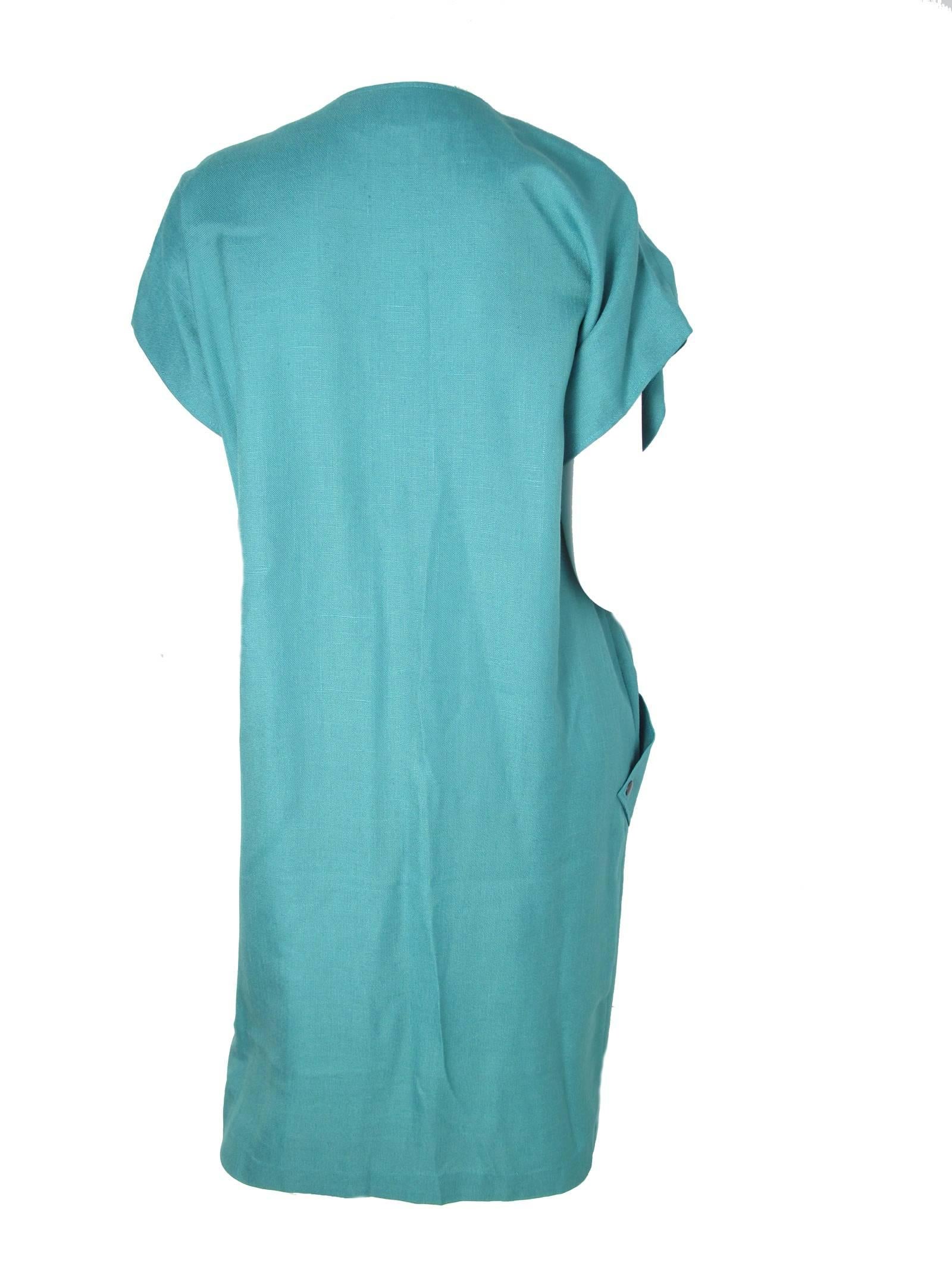 Blue Pierre Cardin Linen Dress Large Pockets 