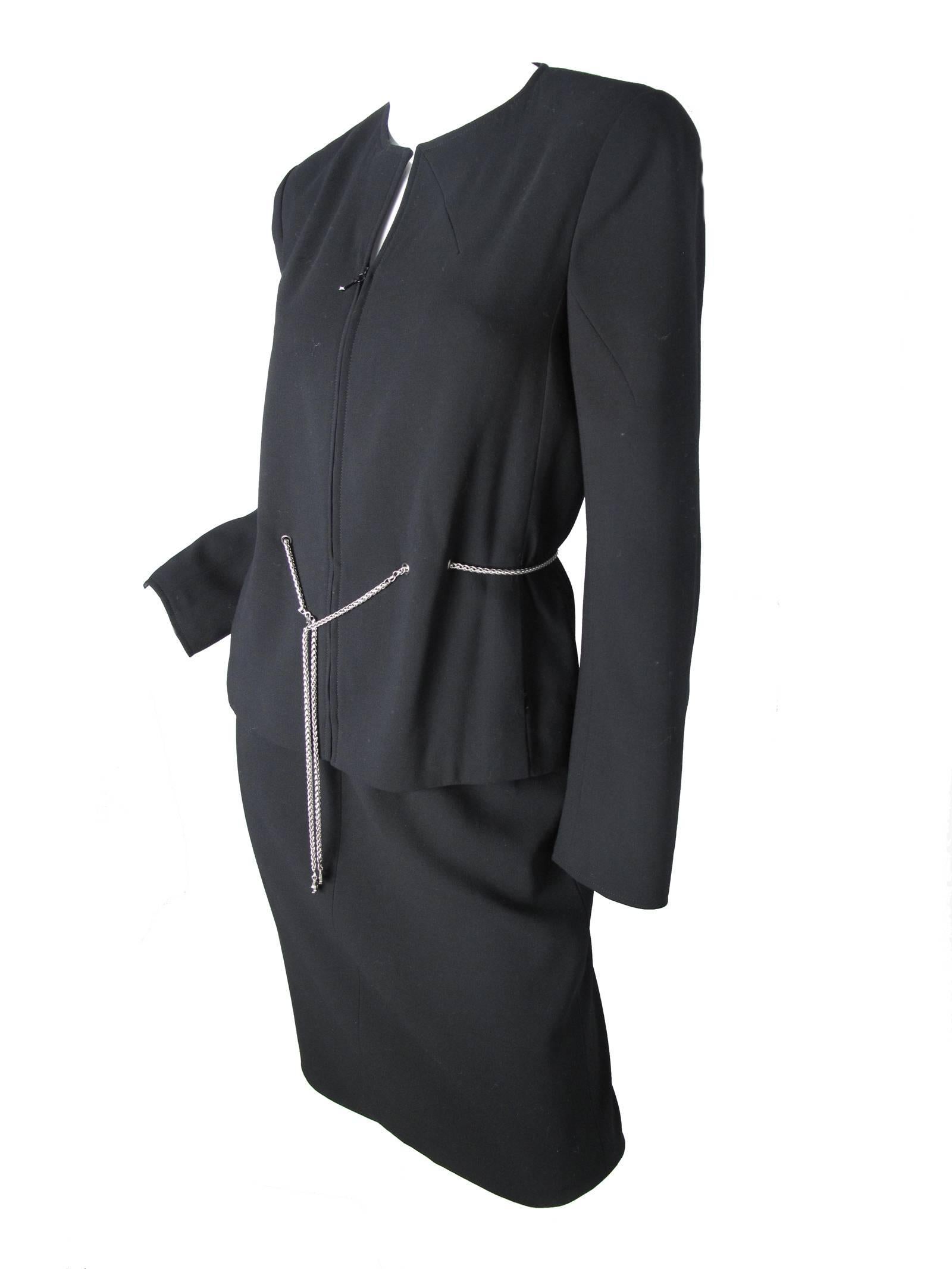1998 Chanel black wool crepe skirt suit with drawstring silver 