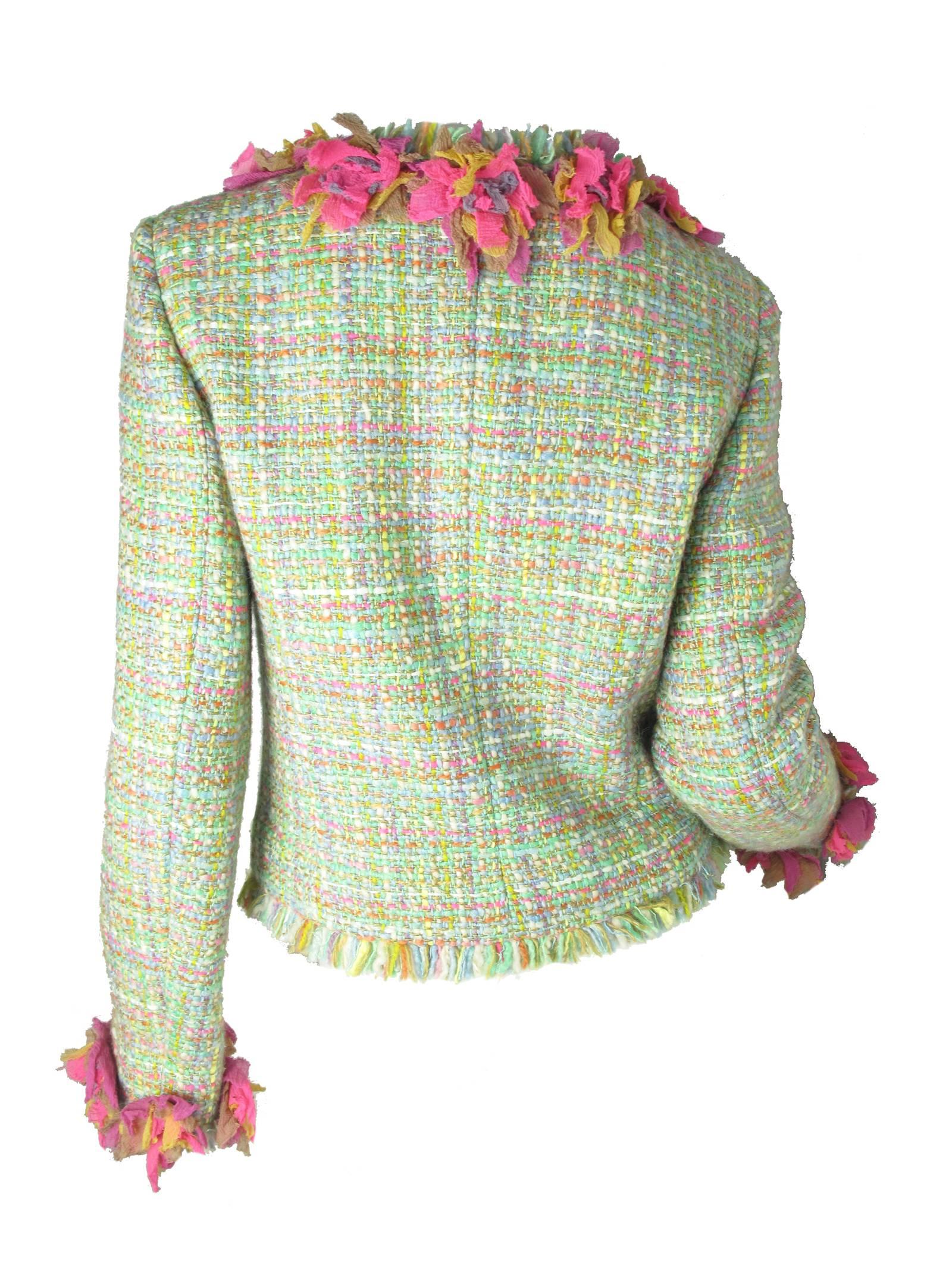 Chanel Tweed Jacket Ripped Flower Trim 1