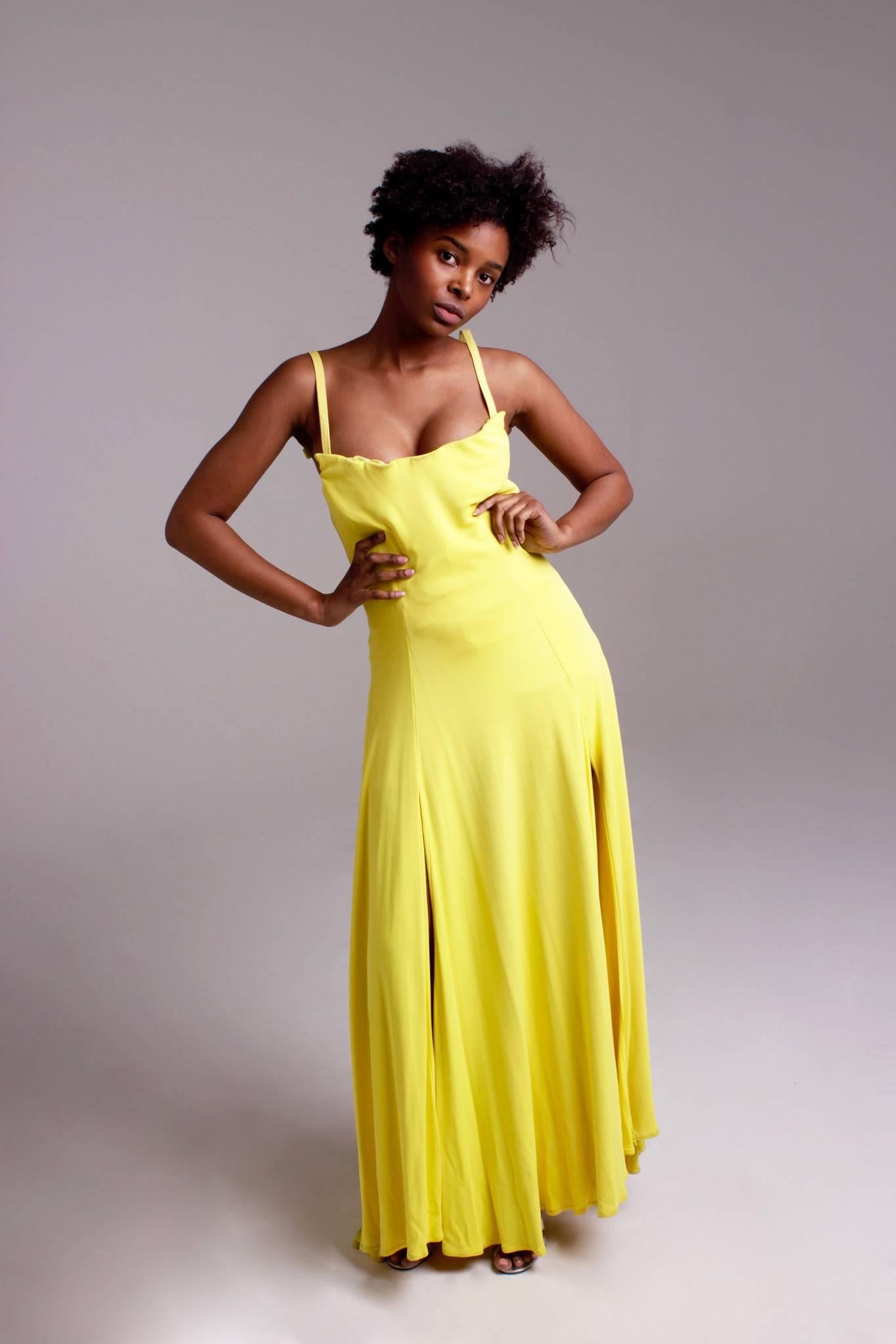 1990s Versace Couture yellow slashed evening gown 4