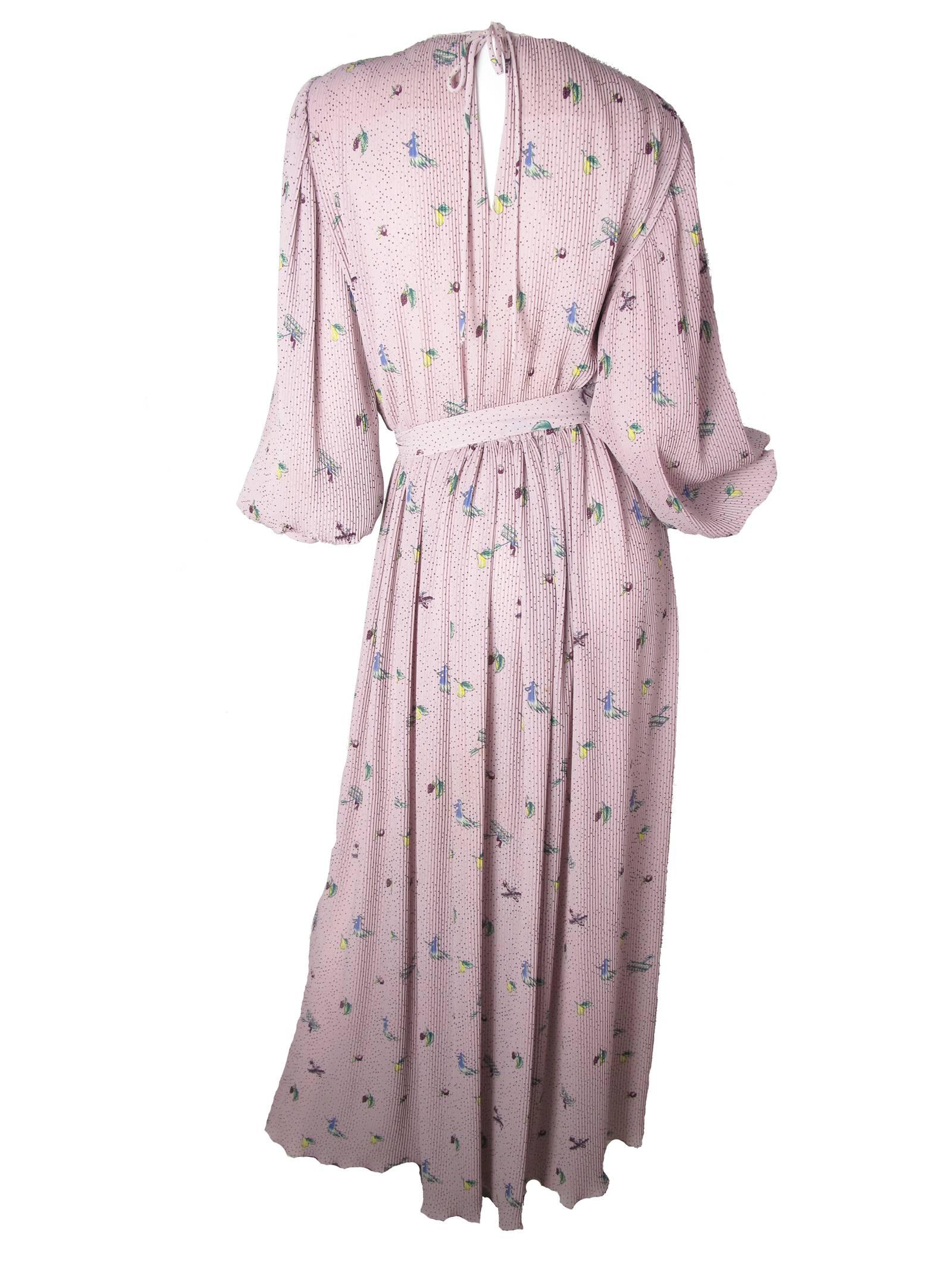 Gray Hanae Mori Pleated Gown with Witch, Fruit & Airplane Print