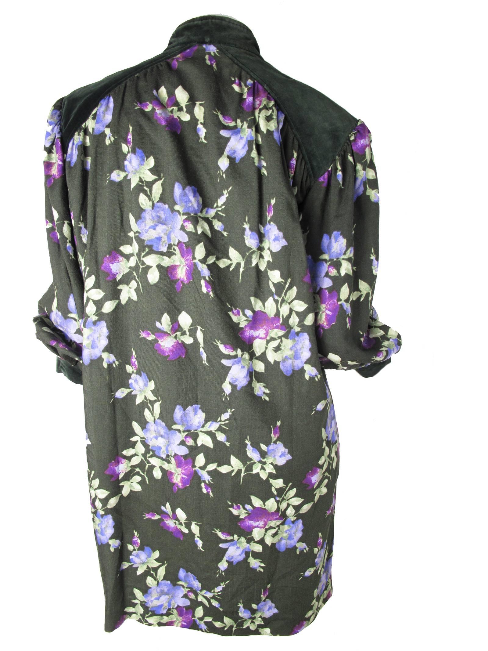 1980s Yves Saint Laurent Rive Gauche green and purple wool floral sack dress with velvet cuffs and neckline.  Zipper on front, two side pockets. Condition: As is, multiple moth holes on underneath side of right sleeve and some on front .  Size