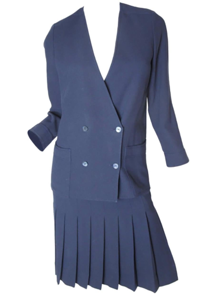 Chanel Navy Double Breasted Jacket and Pleated Skirt In Excellent Condition In Austin, TX