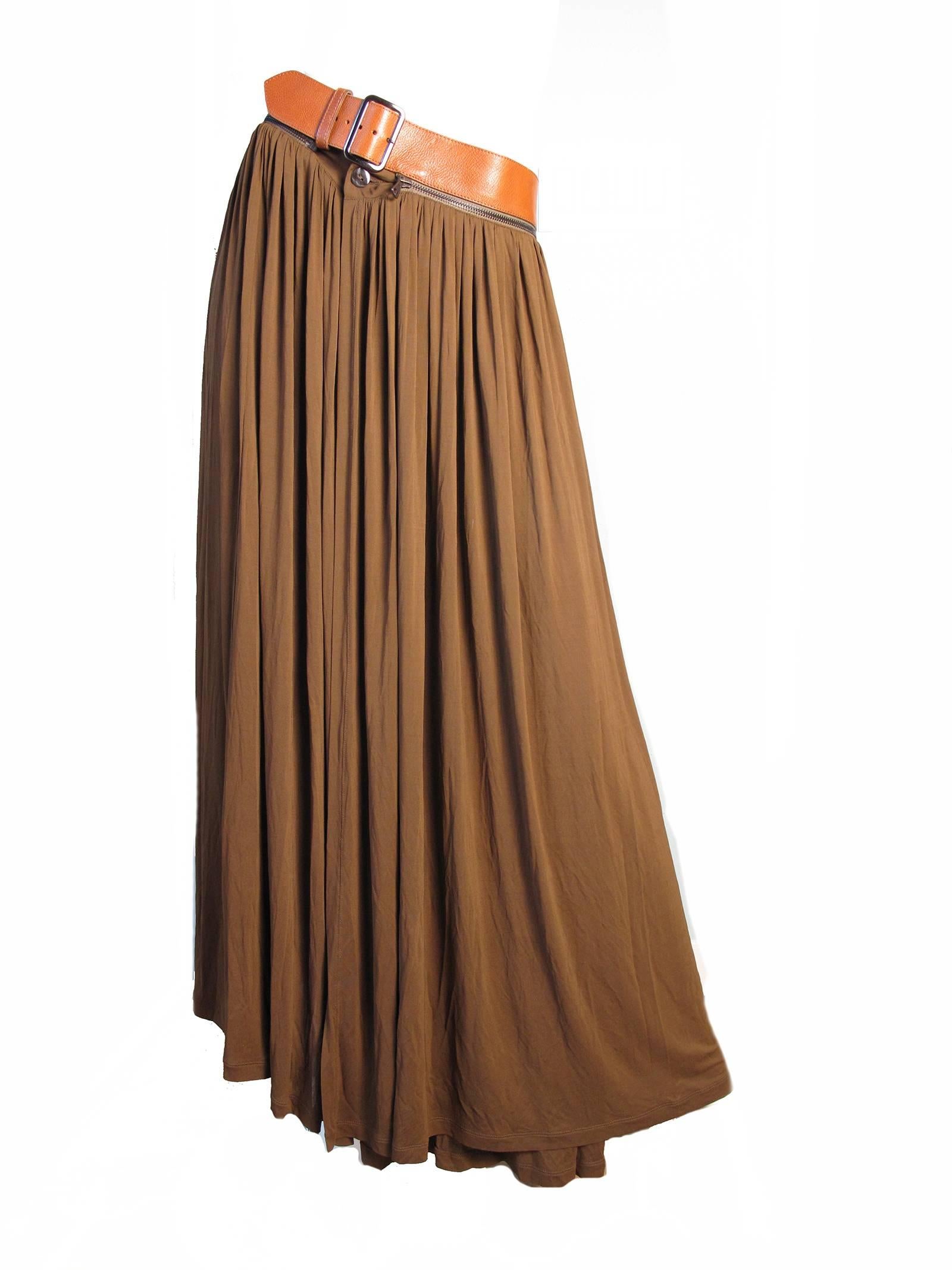 Brown 1990s Gaultier Silk Skirt with Leather Removable Belt