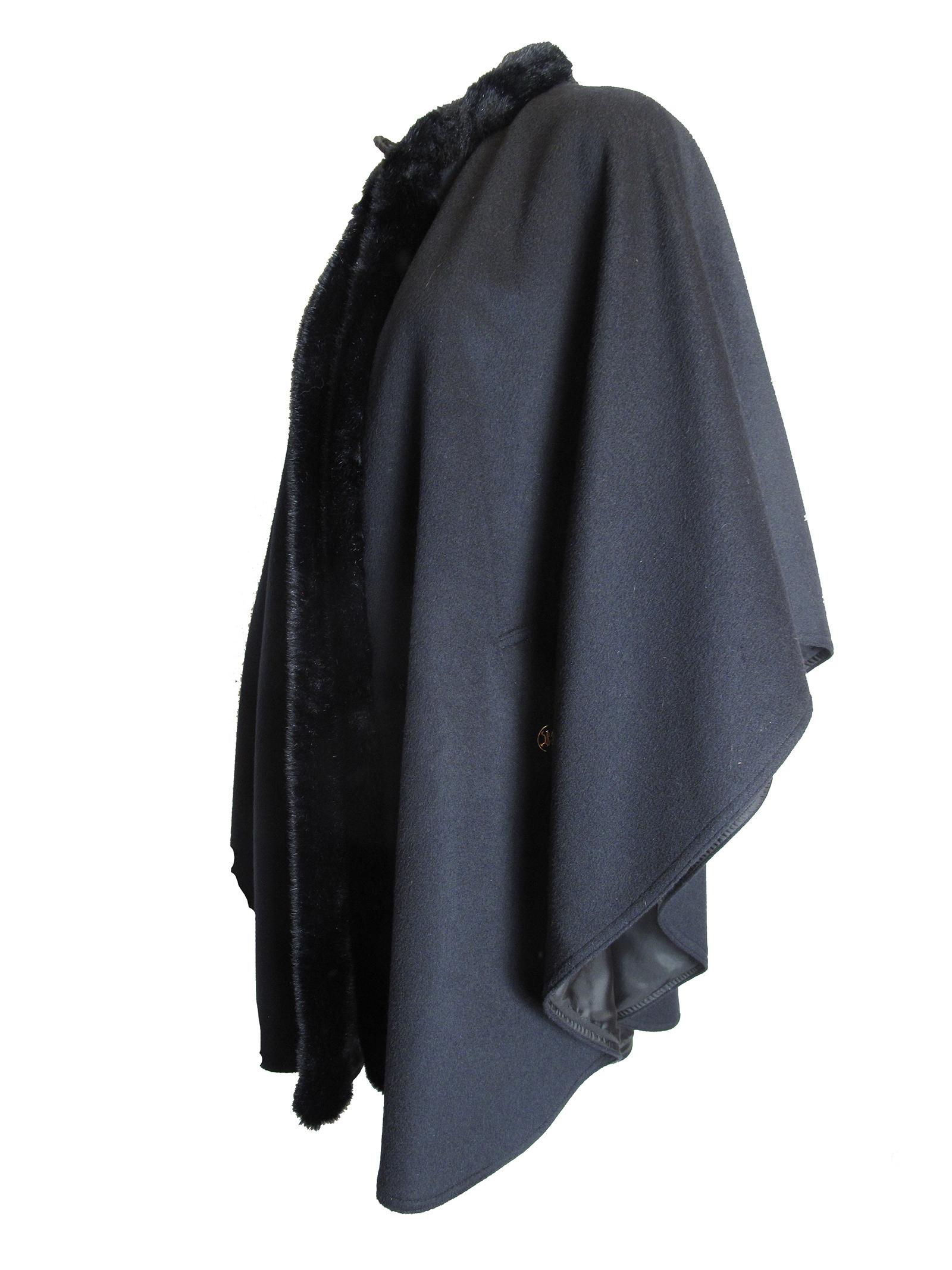 Celine Wool Cape with Fake Fur Collar,  1980s In Excellent Condition In Austin, TX