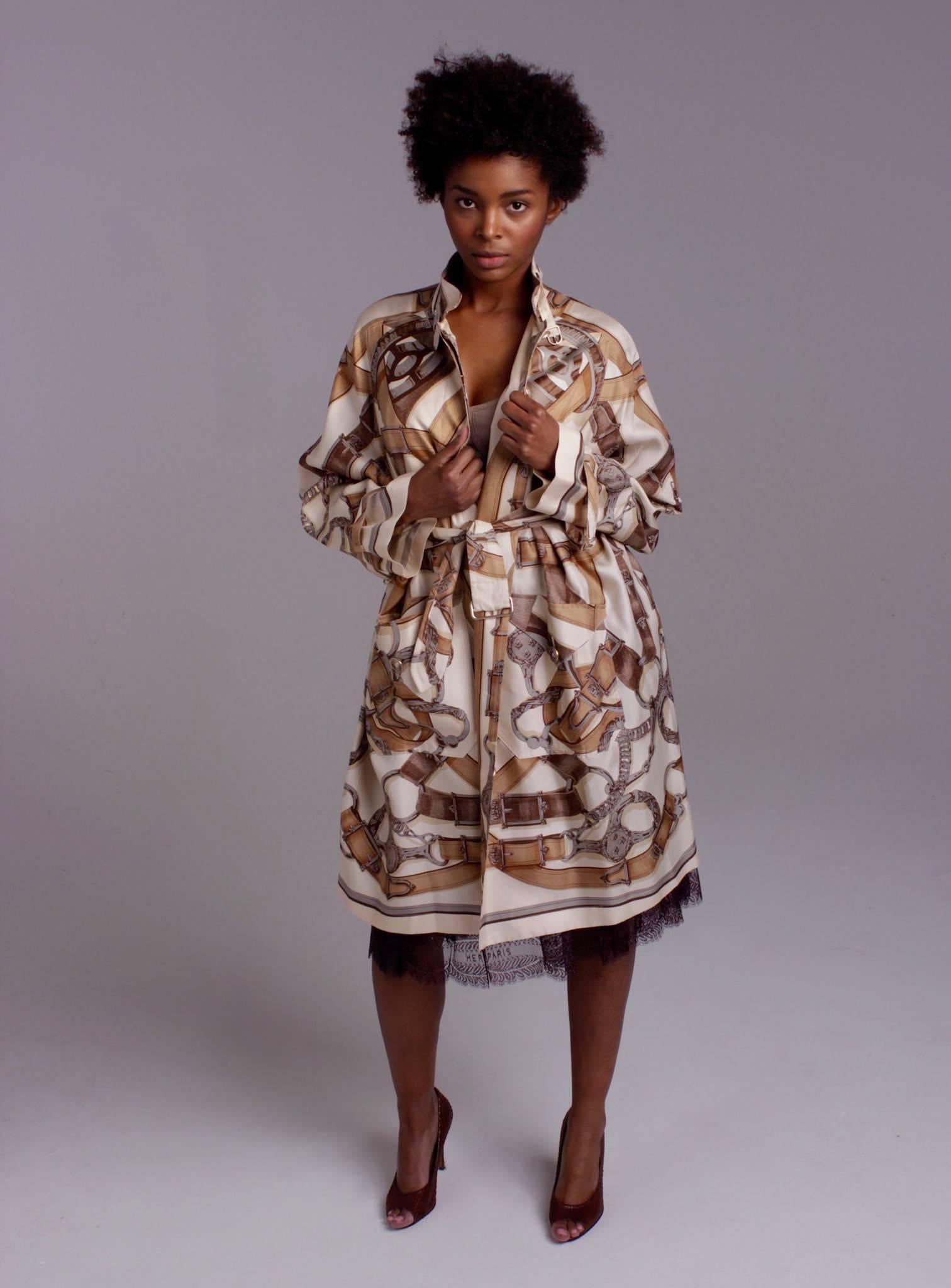 Rare Hermes Printed Silk Trench Coat Runway by Gaultier 2008 In Excellent Condition In Austin, TX