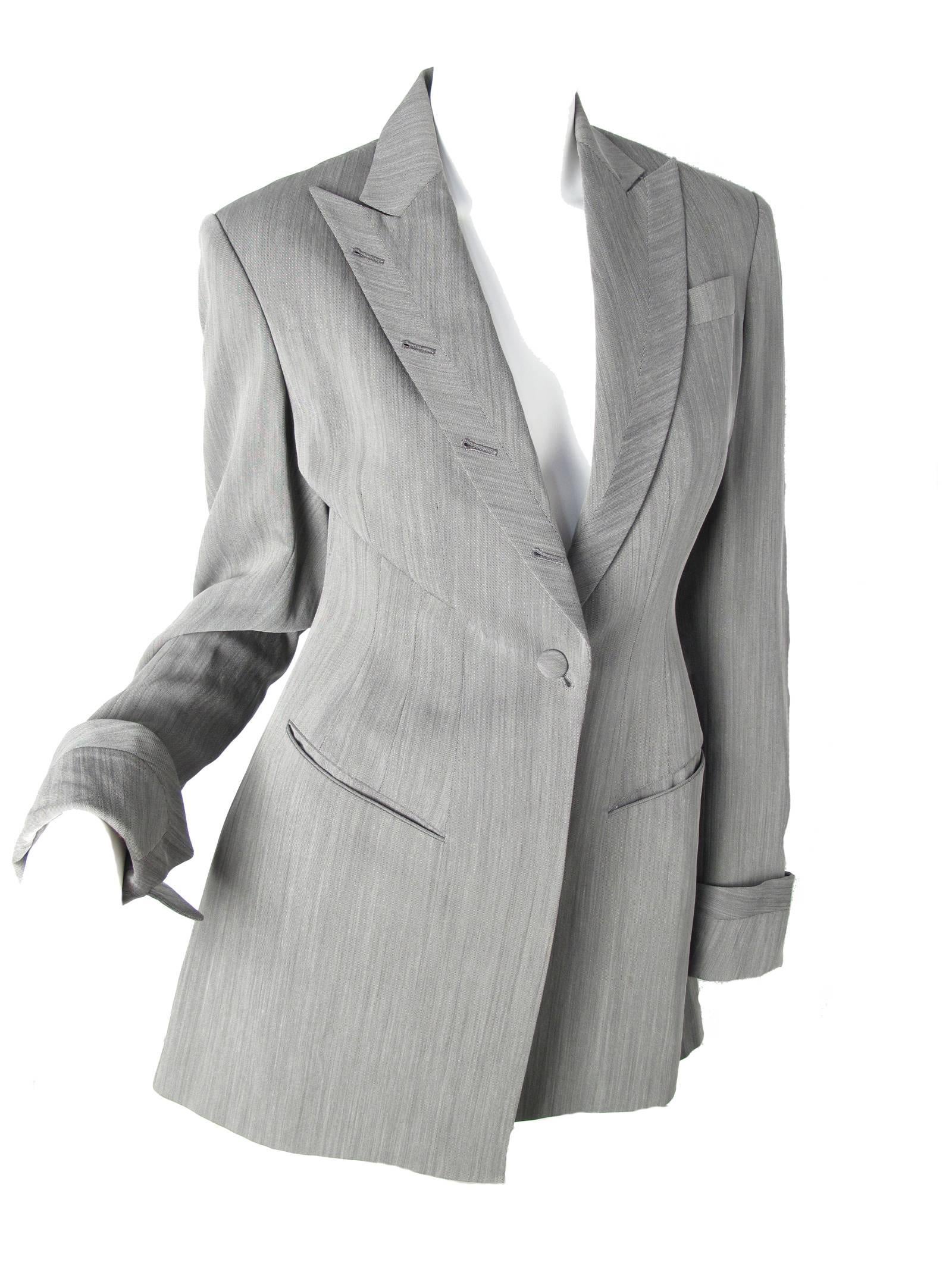 Gray 1990s Richard Tyler Suit with Button Holes up Collar  