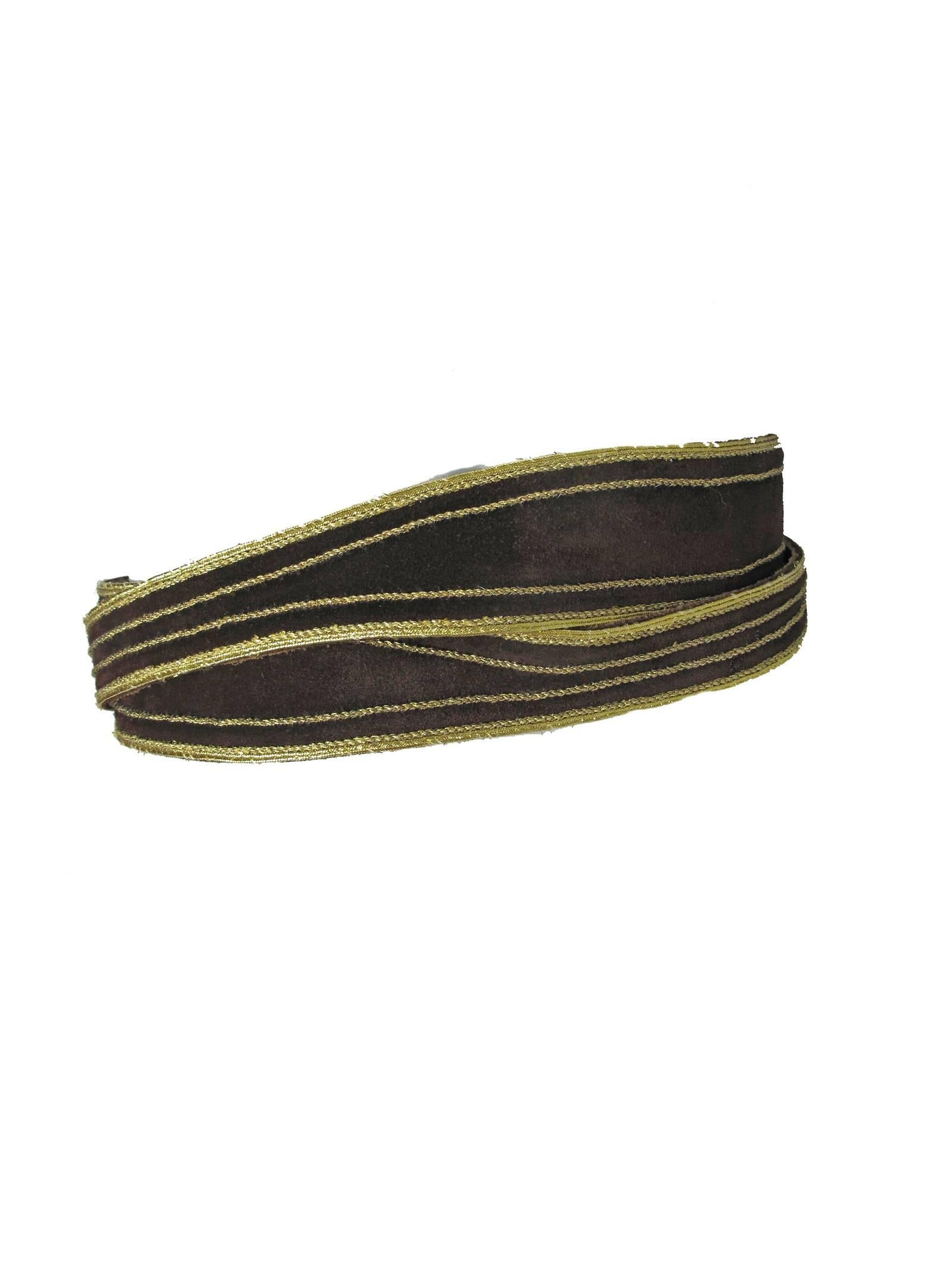 1970s - 1980s Yves Saint Laurent brown suede wrap waist belt with gold trim.  2