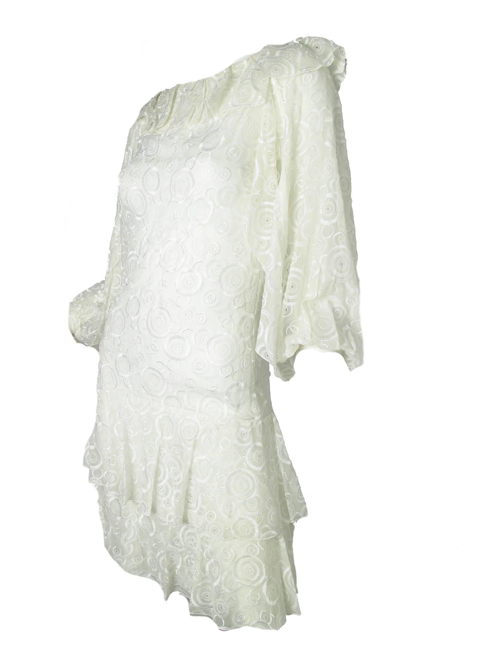 2001 Chanel white lace sheer ruffle dress with 