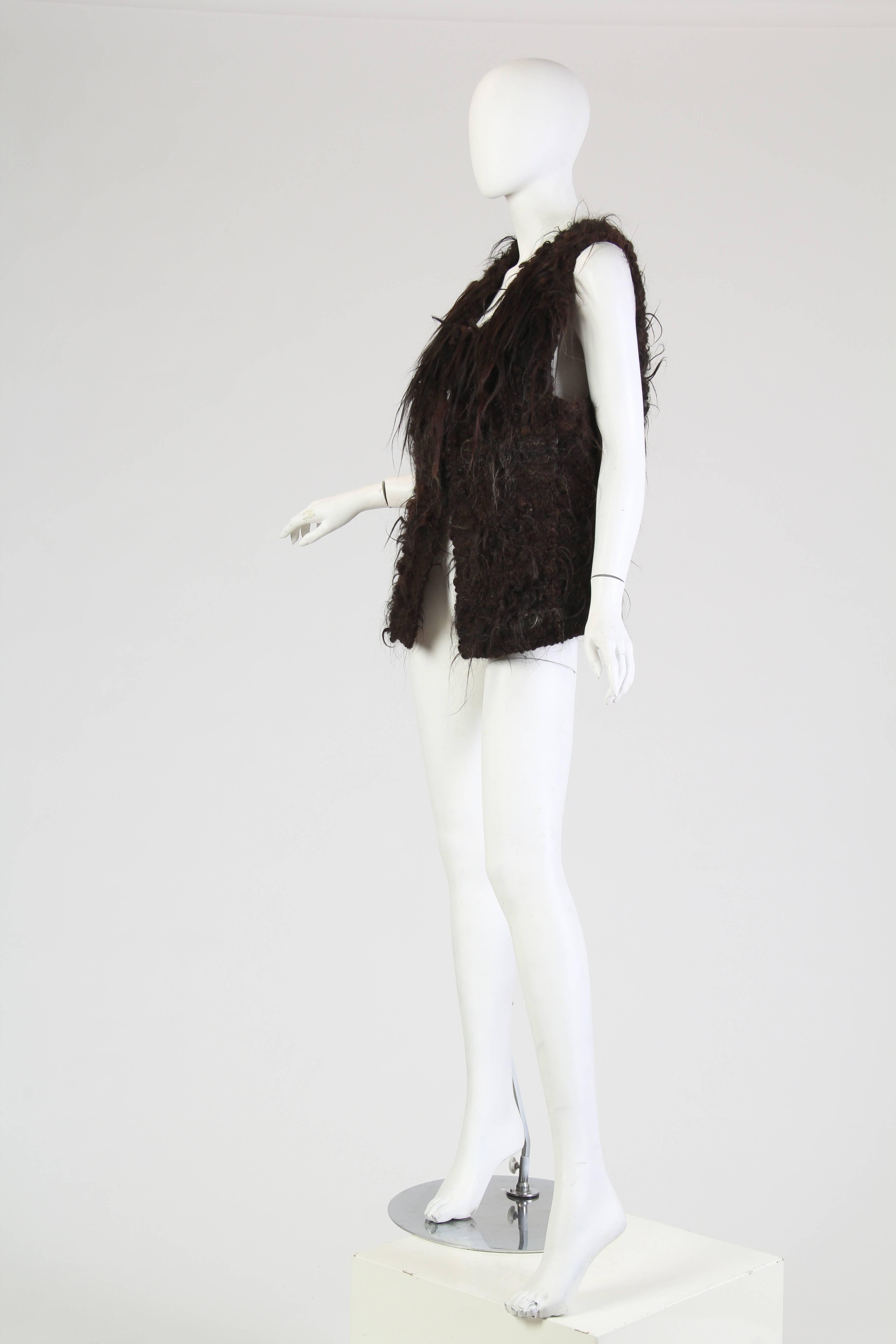 Black 1970S GILBERT ETIEMBLE Chocolate Brown Wool & Fur Hand Knit Artesian Vest