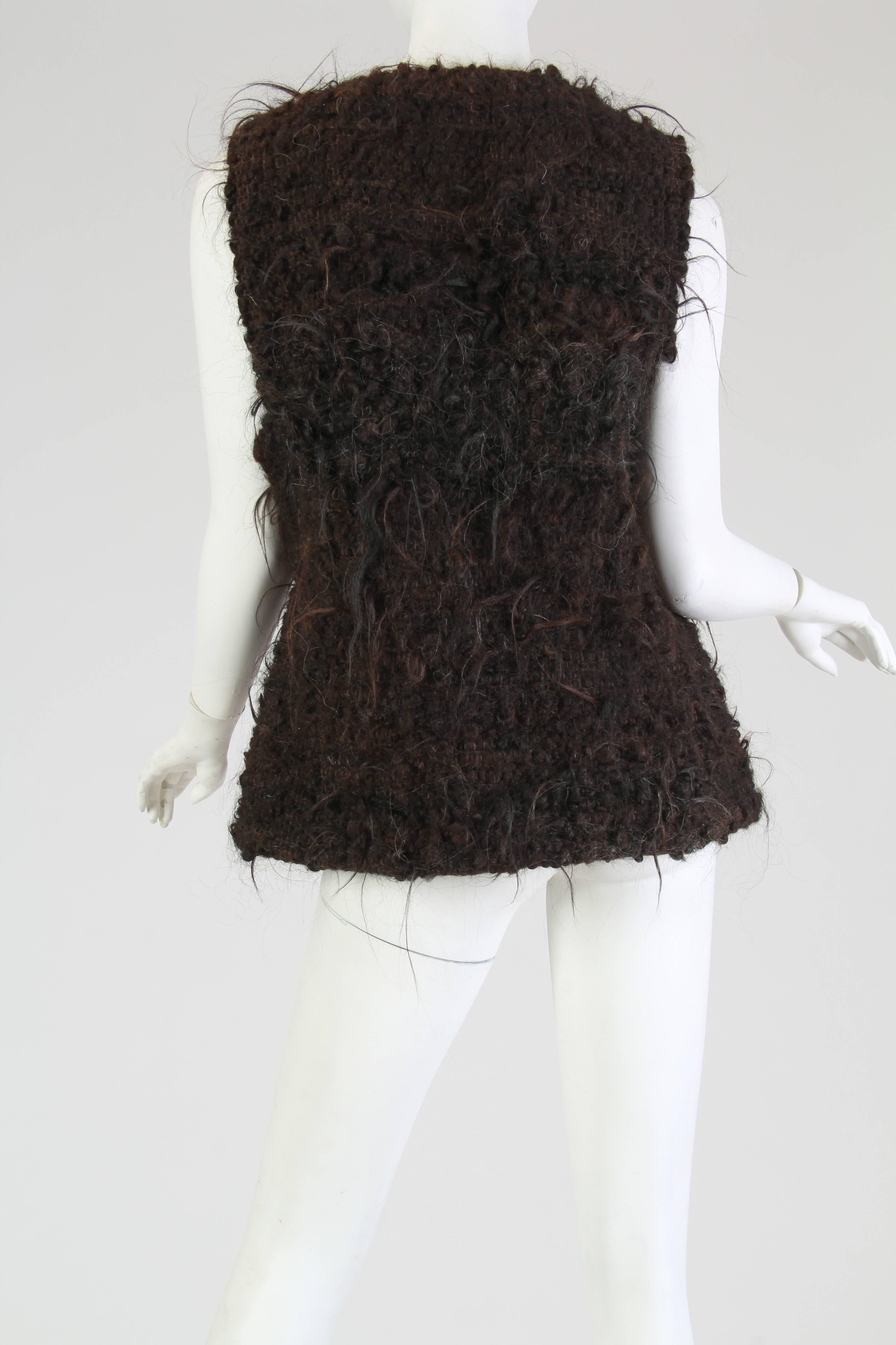 1970S GILBERT ETIEMBLE Chocolate Brown Wool & Fur Hand Knit Artesian Vest 1