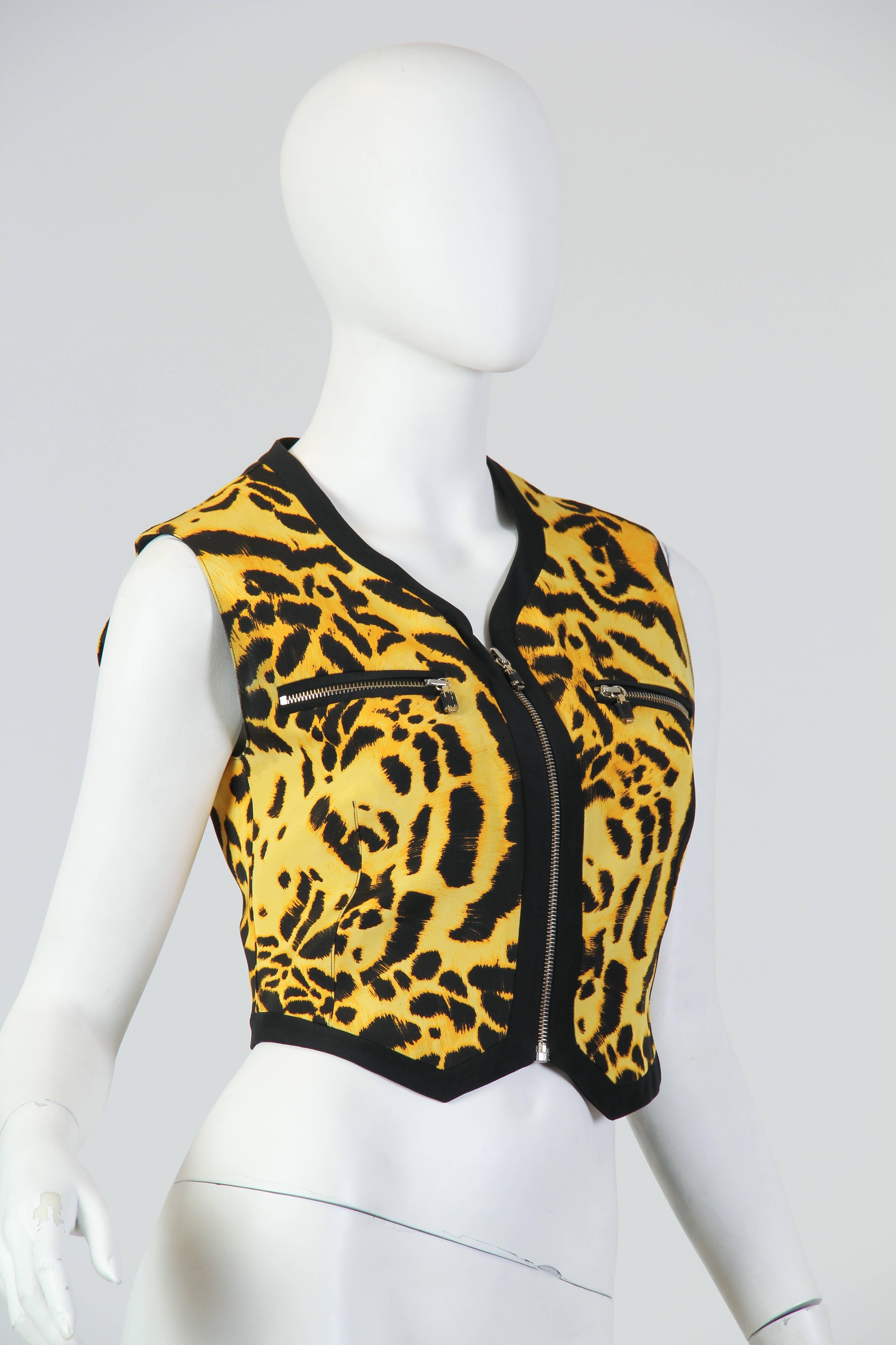 Black Gianni Versace Couture Leopard Zipper Silk Top For Sale