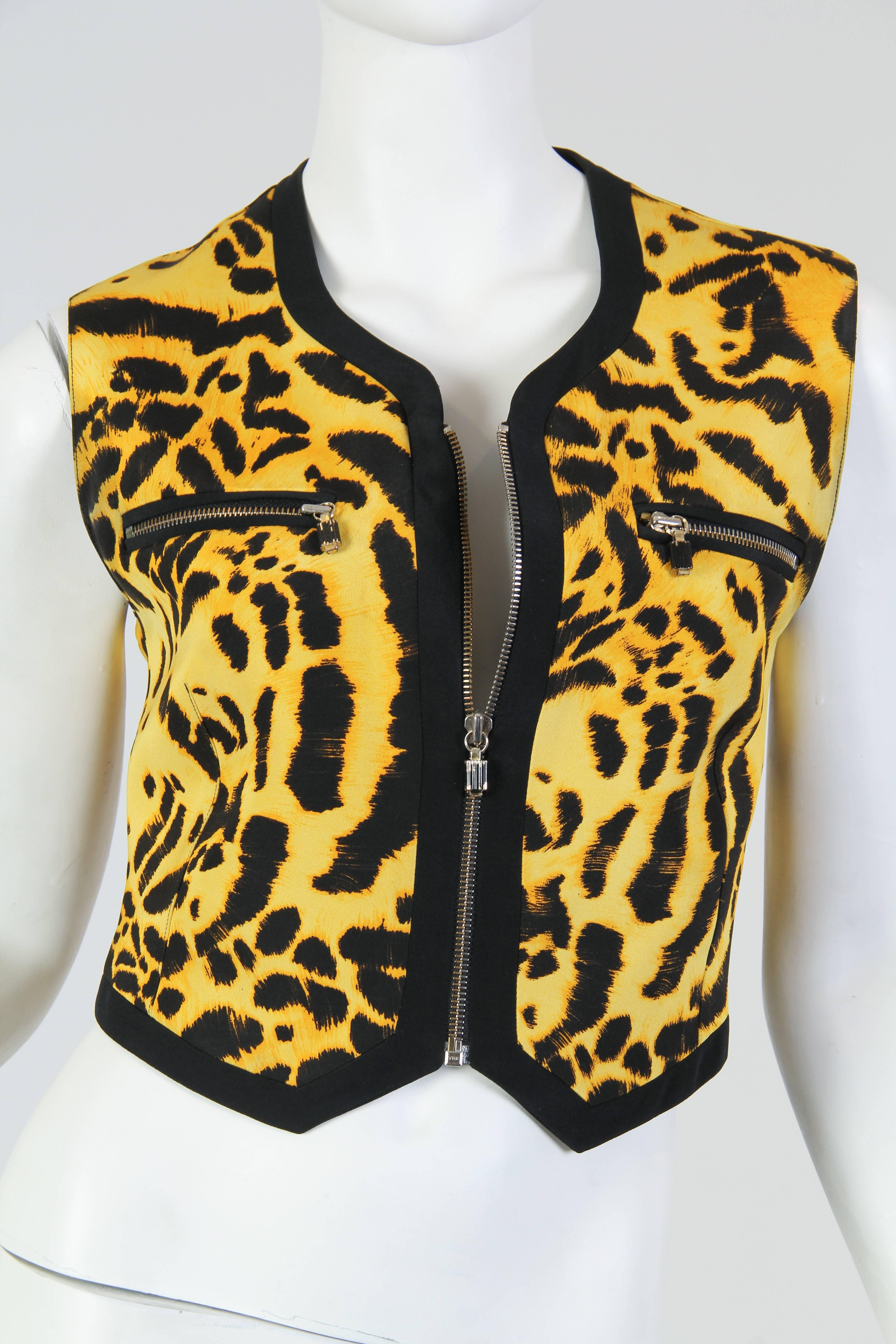 Gianni Versace Couture Leopard Zipper Silk Top In Excellent Condition For Sale In New York, NY