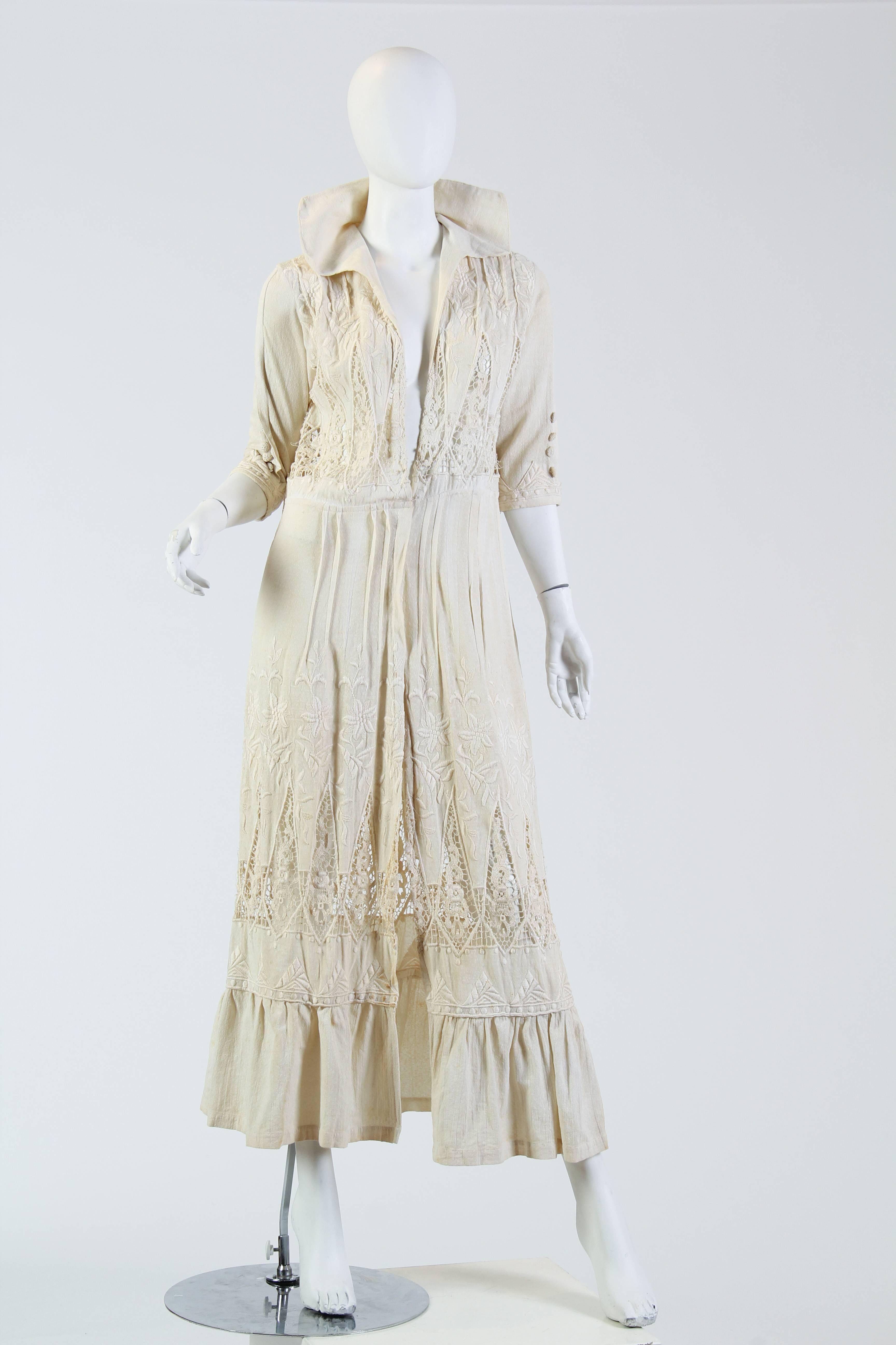 Gray Hand Embroidered Handmade Lace Cotton, Silk Edwardian DressDuster