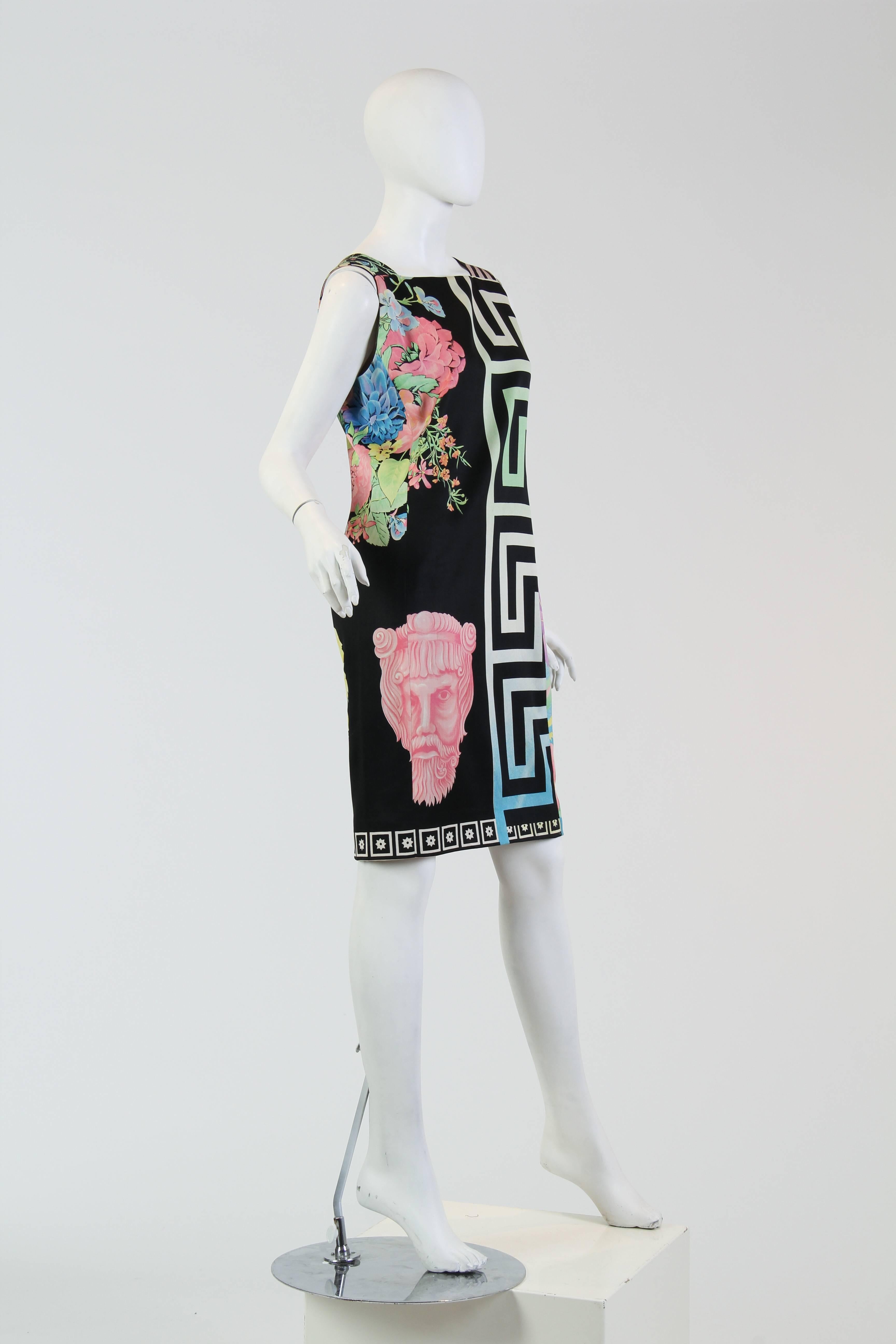 Tagged European size 46. Straps can be lengthened 2+ inches. Fully lined in rayon. 1990S GIANNI VERSACE Pastel & Black Wool Blend Sateen Tropical Floral Dress With Classical Greek Designs 