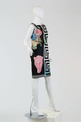 1990S GIANNI VERSACE Pastel & Black Wool Blend Sateen Tropical Floral Dress Wit