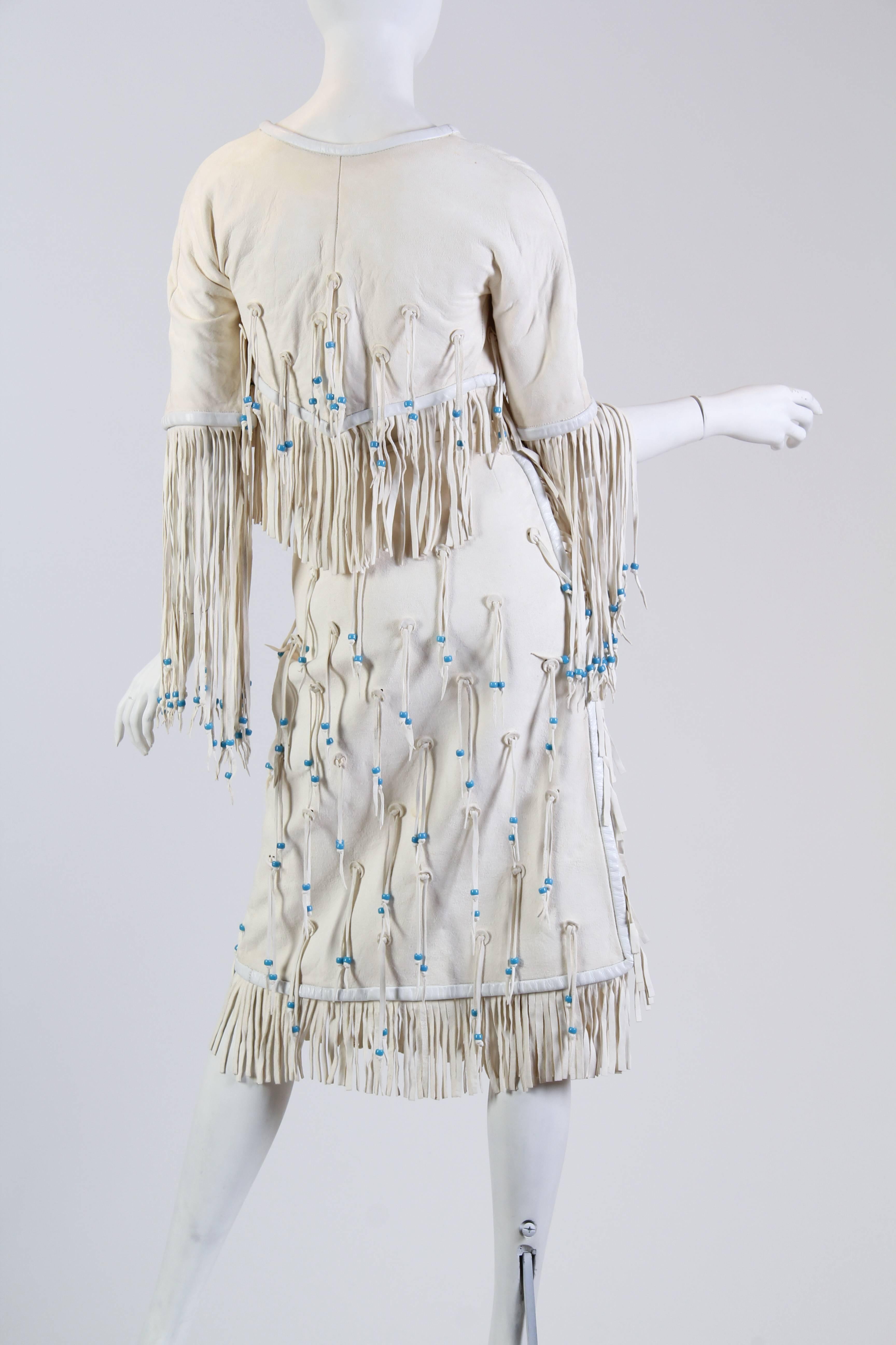 1970S GIORGIO SANT'angelo Off White Suede Fringed Skirt & Cropped Jacket Ensemb In Excellent Condition In New York, NY