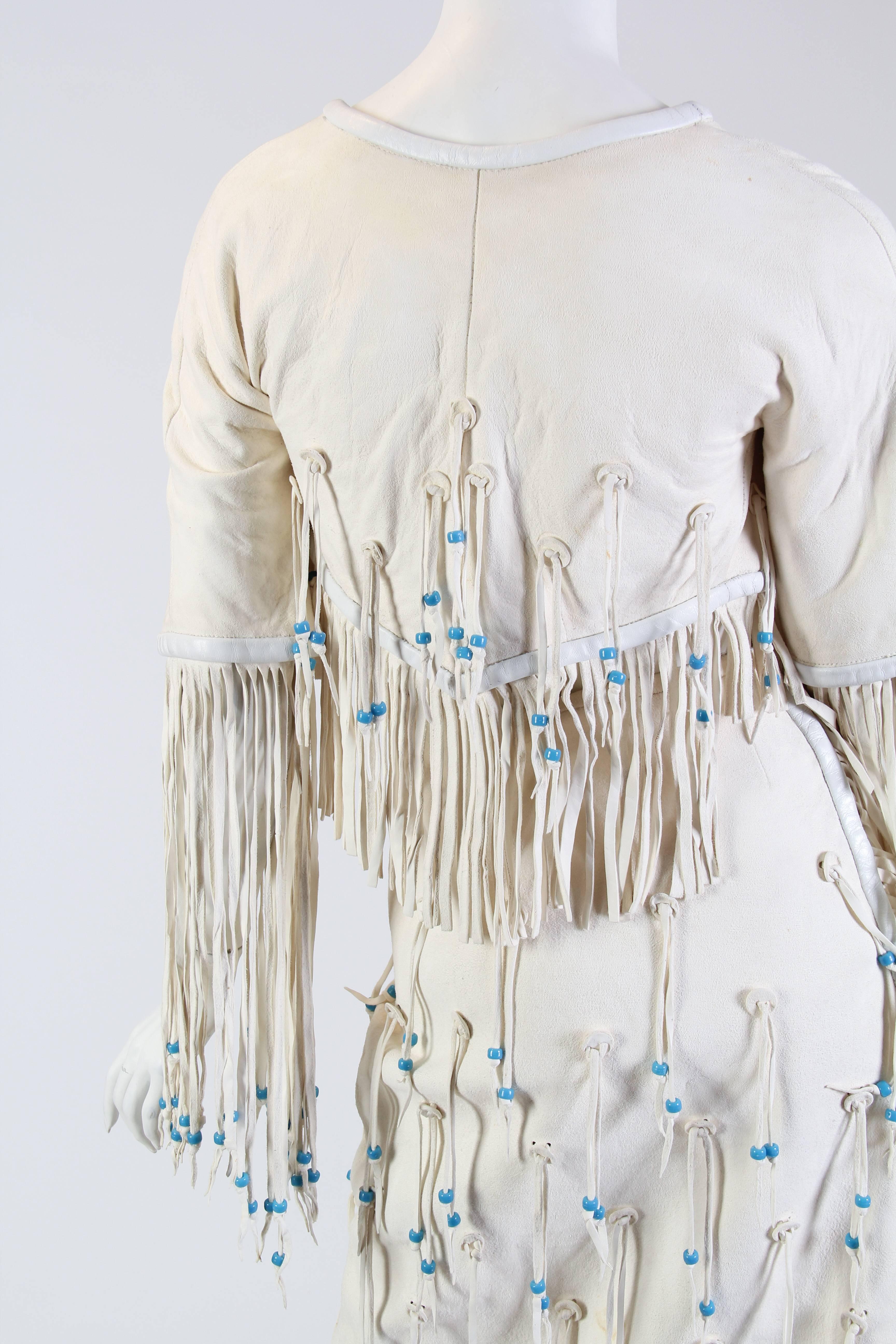 1970S GIORGIO SANT'angelo Off White Suede Fringed Skirt & Cropped Jacket Ensemb 1