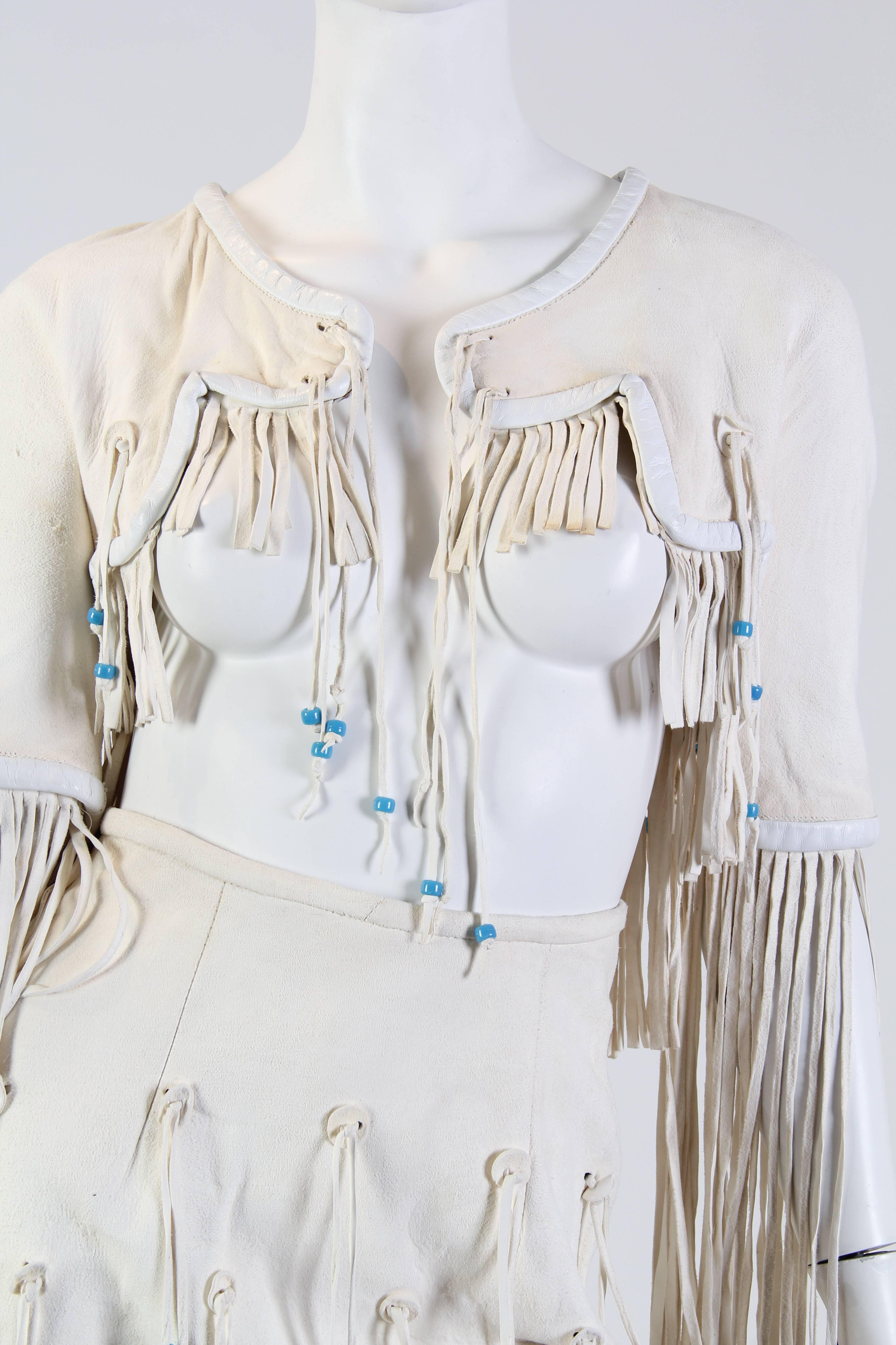Women's 1970S GIORGIO SANT'angelo Off White Suede Fringed Skirt & Cropped Jacket Ensemb