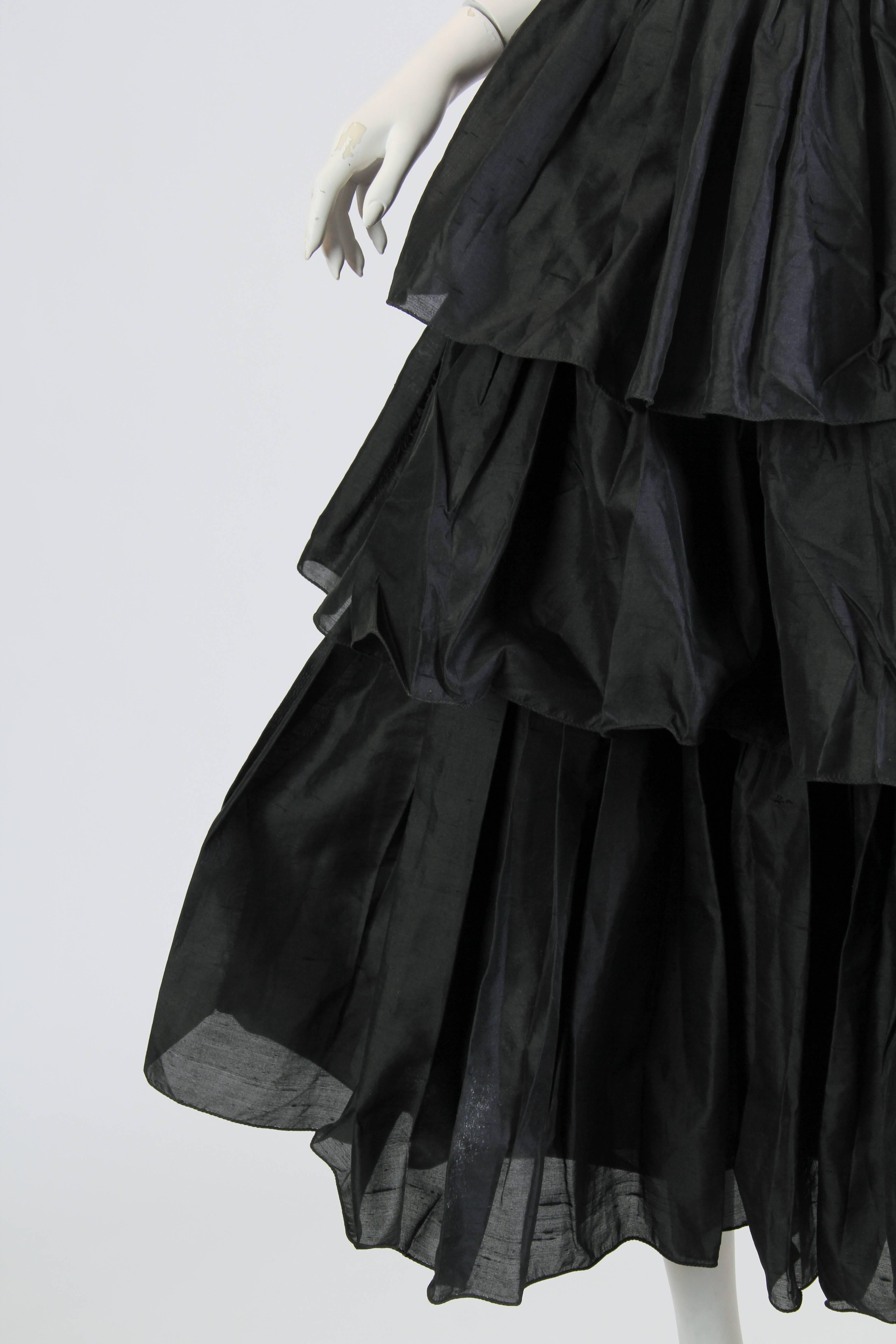 1950S FONTANA COUTURE Black & White Silk Dupioni Tiered Skirt Gown With Velvet  For Sale 1