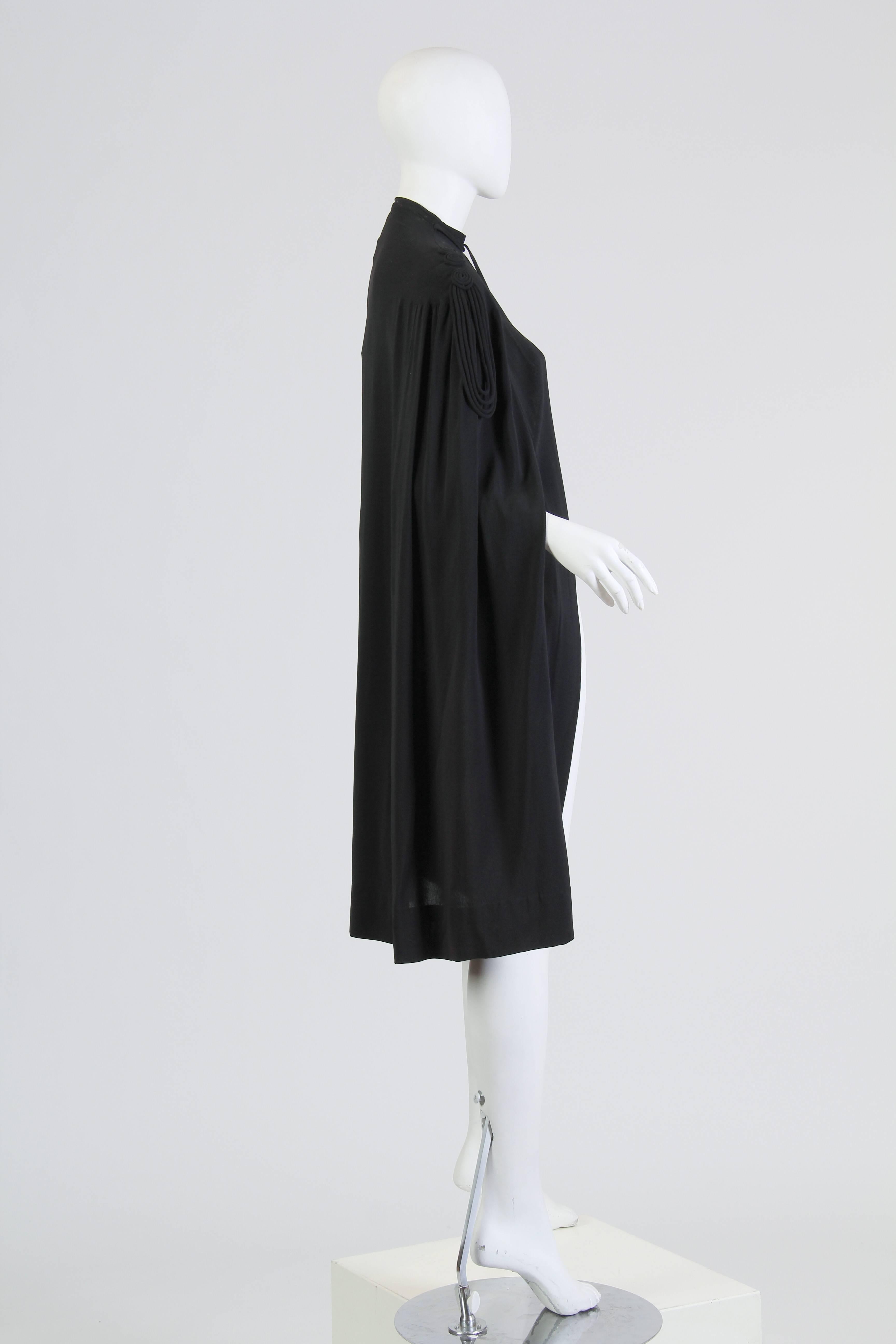 1930S Black Rayon & Silk Crepe Cape With Cording Epaulets Silver Dangling Balls In Excellent Condition In New York, NY