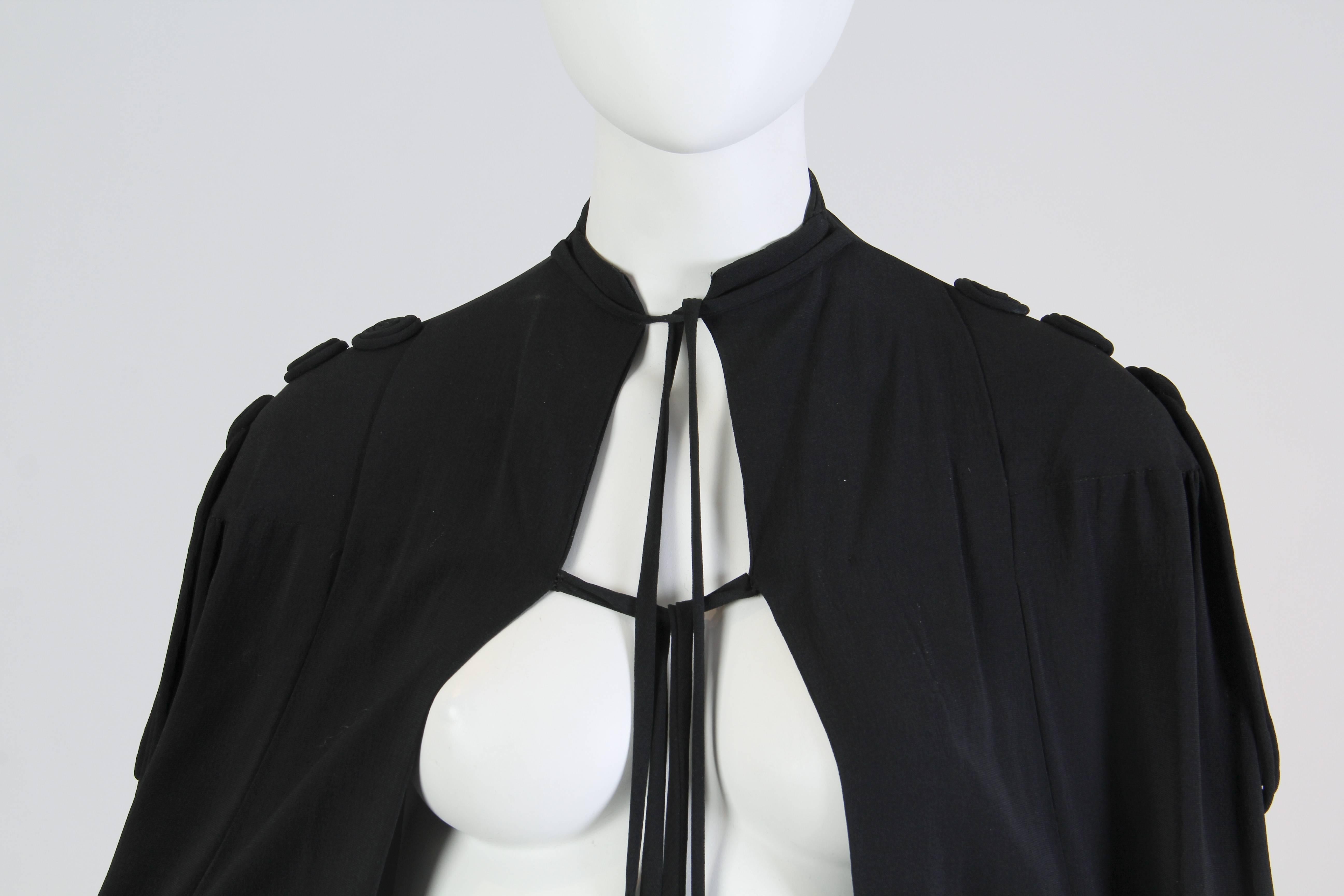1930S Black Rayon & Silk Crepe Cape With Cording Epaulets Silver Dangling Balls 1