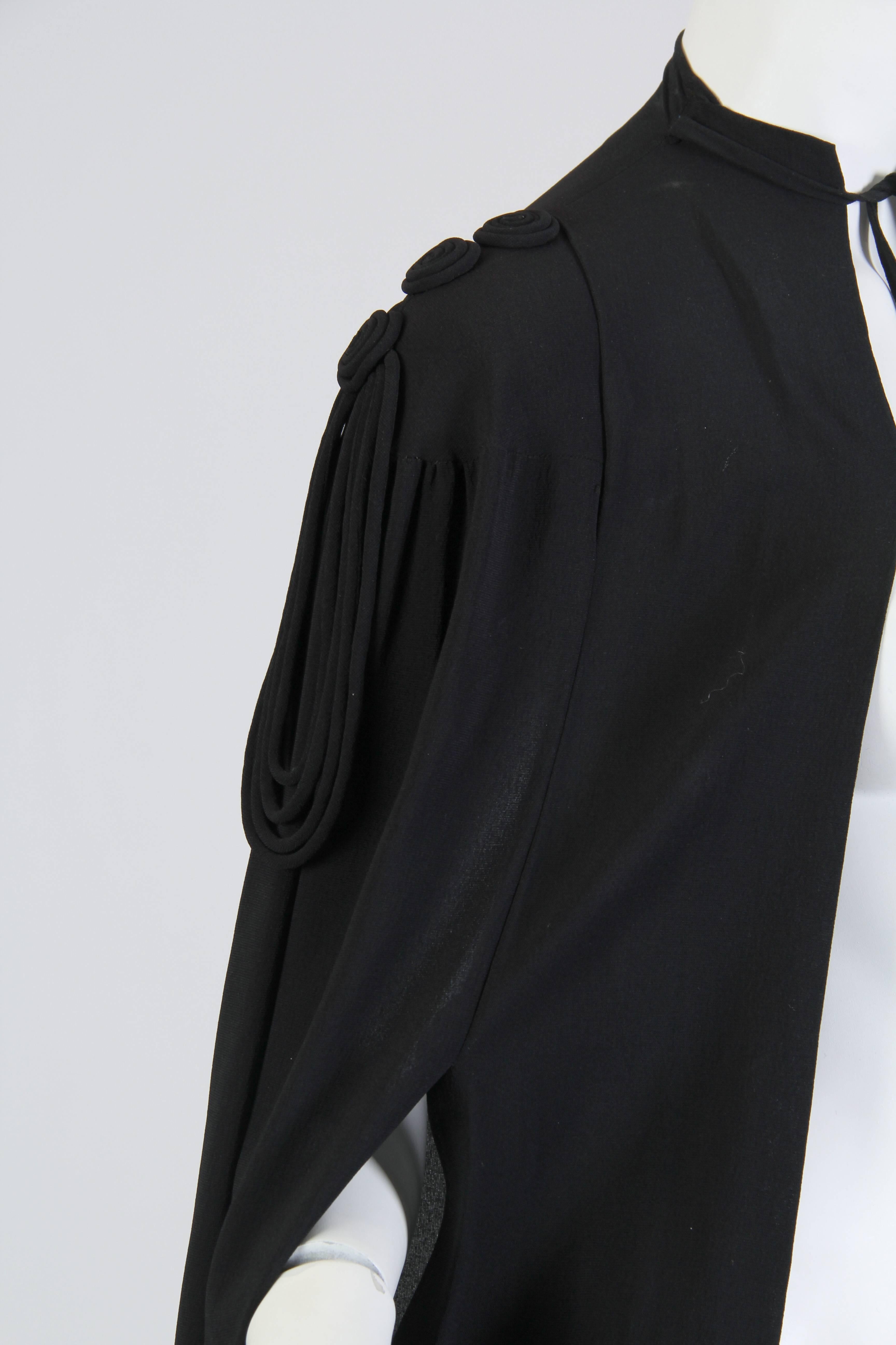1930S Black Rayon & Silk Crepe Cape With Cording Epaulets Silver Dangling Balls 2