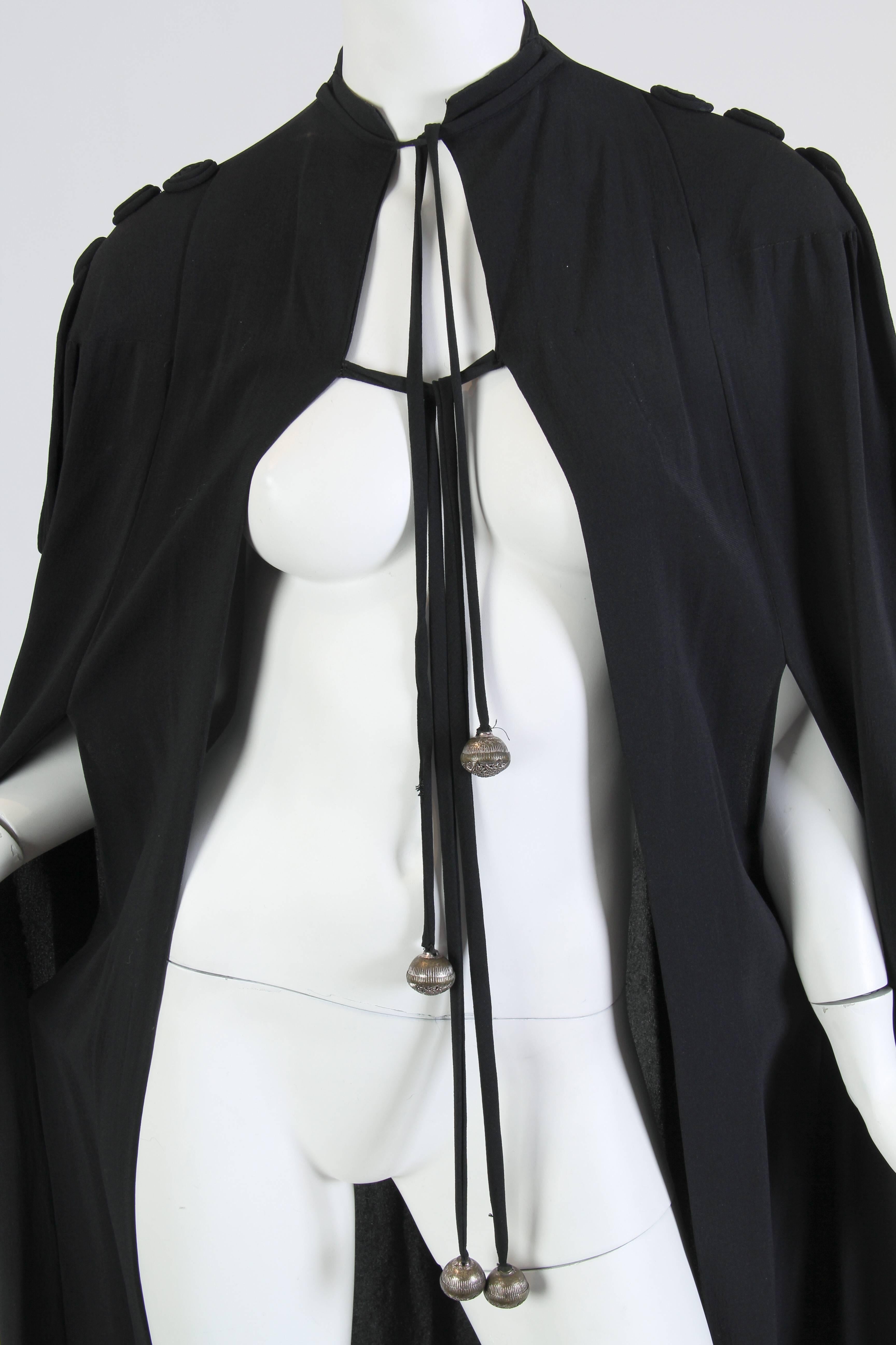 Women's 1930S Black Rayon & Silk Crepe Cape With Cording Epaulets Silver Dangling Balls