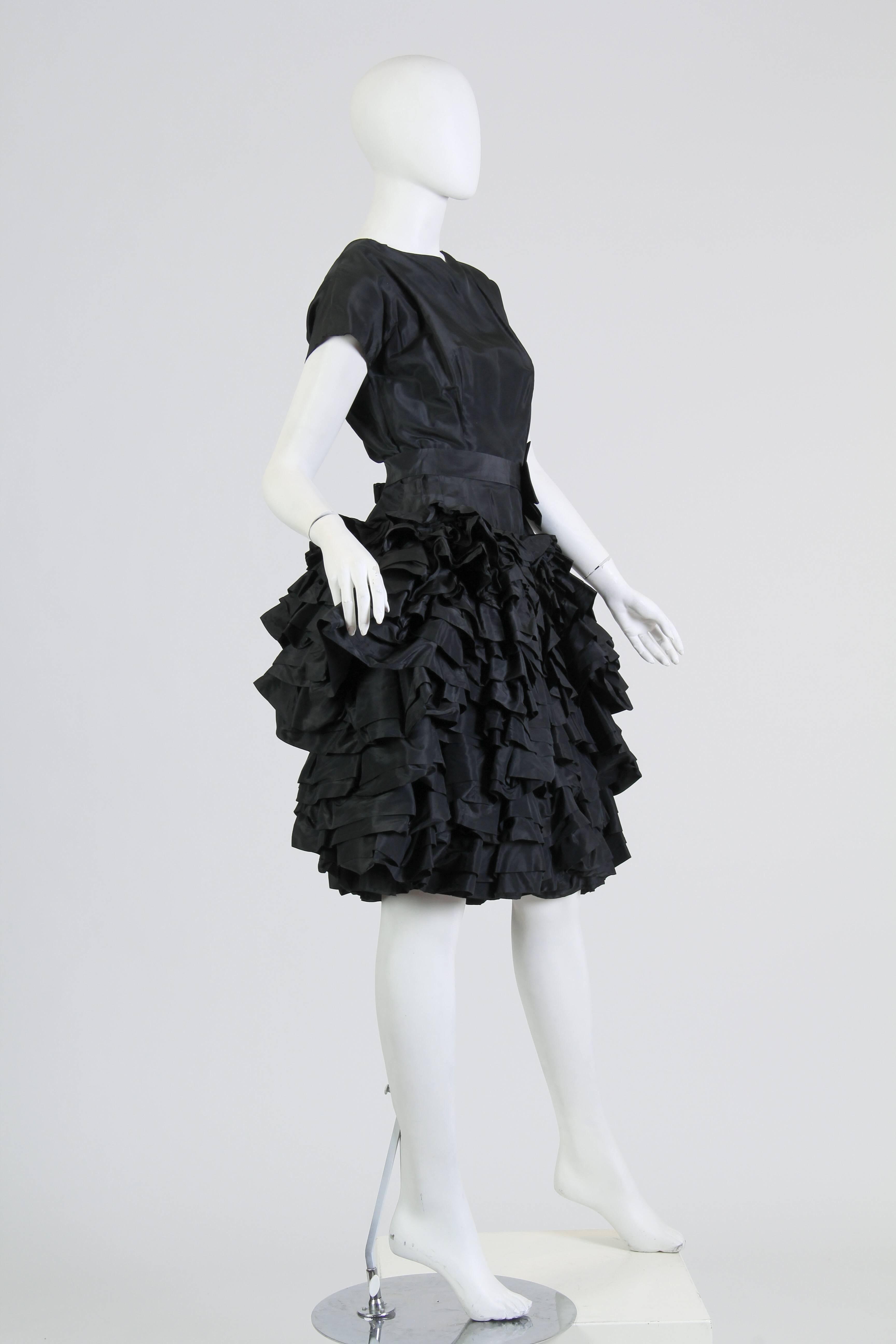 Very good condition, small area at neckline where there is breakage. 1950S PAULA WHITNEY Black Haute Couture Silk Taffeta Amazing Ruffled Poof Ball Skirt Cocktail Dress 